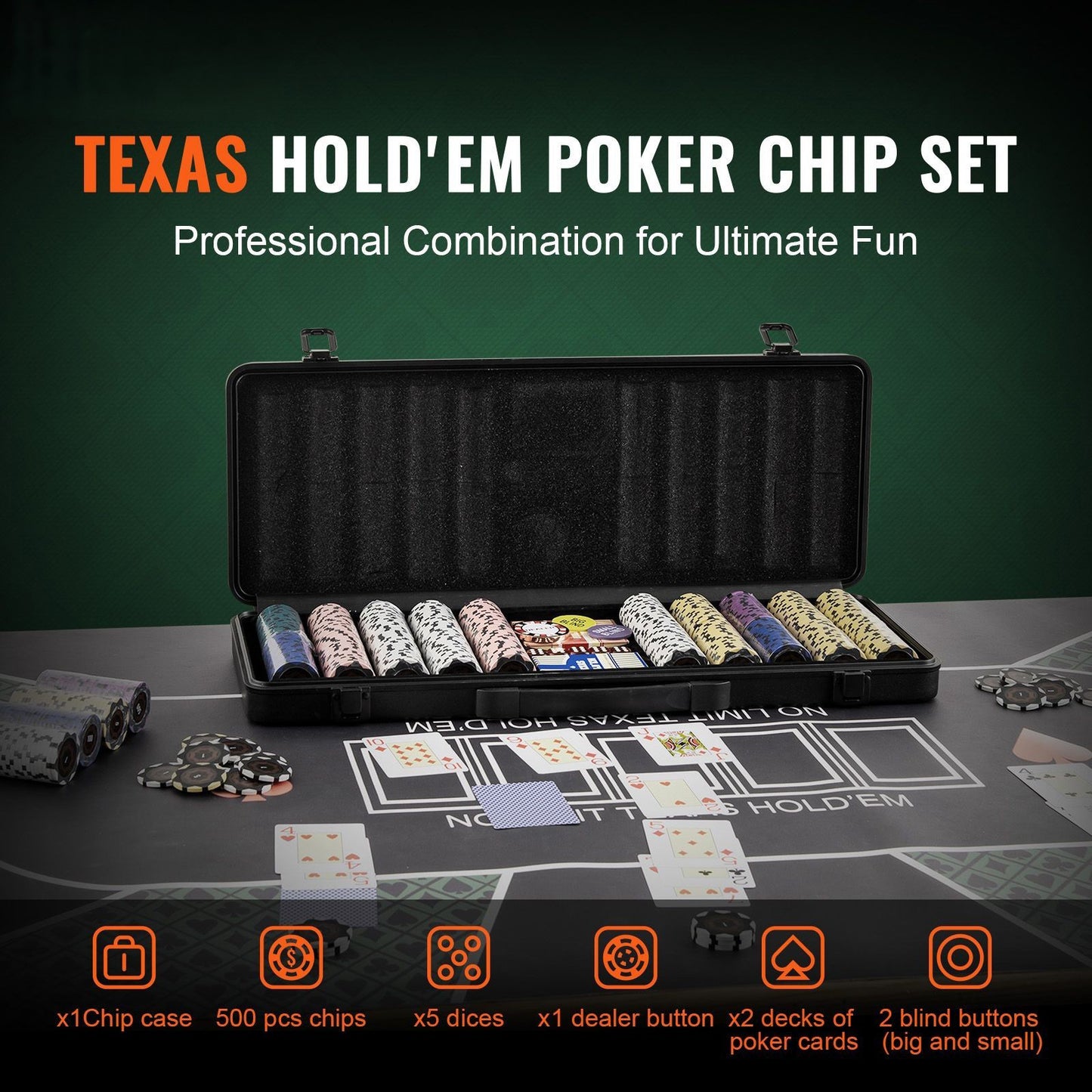 Poker Chip Set 500-Piece, Heavyweight 14 Gram Clay Chips with ABS Case, Waterproof Plastic Cards