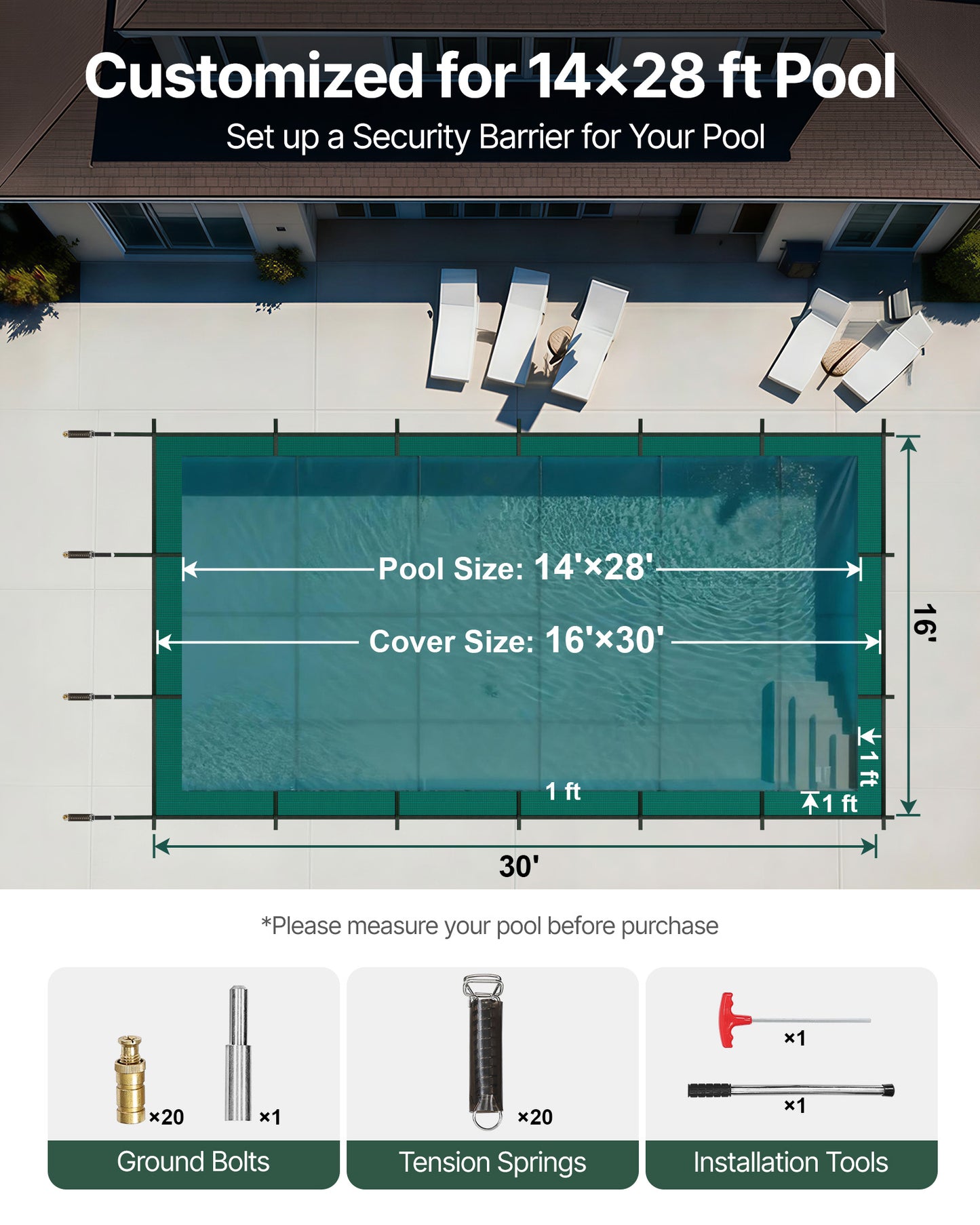Inground Pool Safety Cover 16 x 30 ft Rectangular Triple-Stitched Mesh PP Brass Anchors Stainless Springs Green
