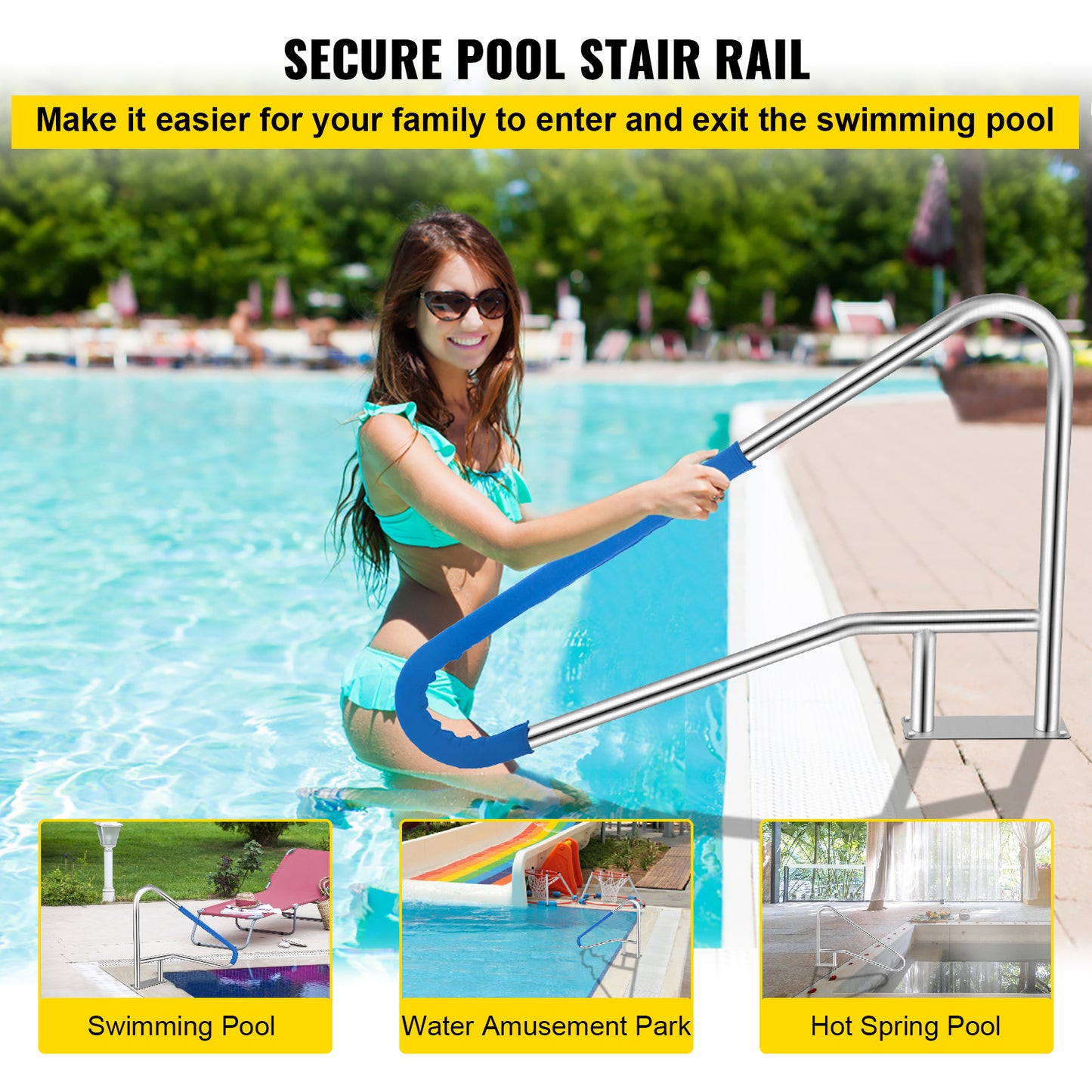 54 in. x 36 in. Pool Handrail 304 Stainless Steel 250 lb. Capacity with Blue Grip Cover and Mounting Kit