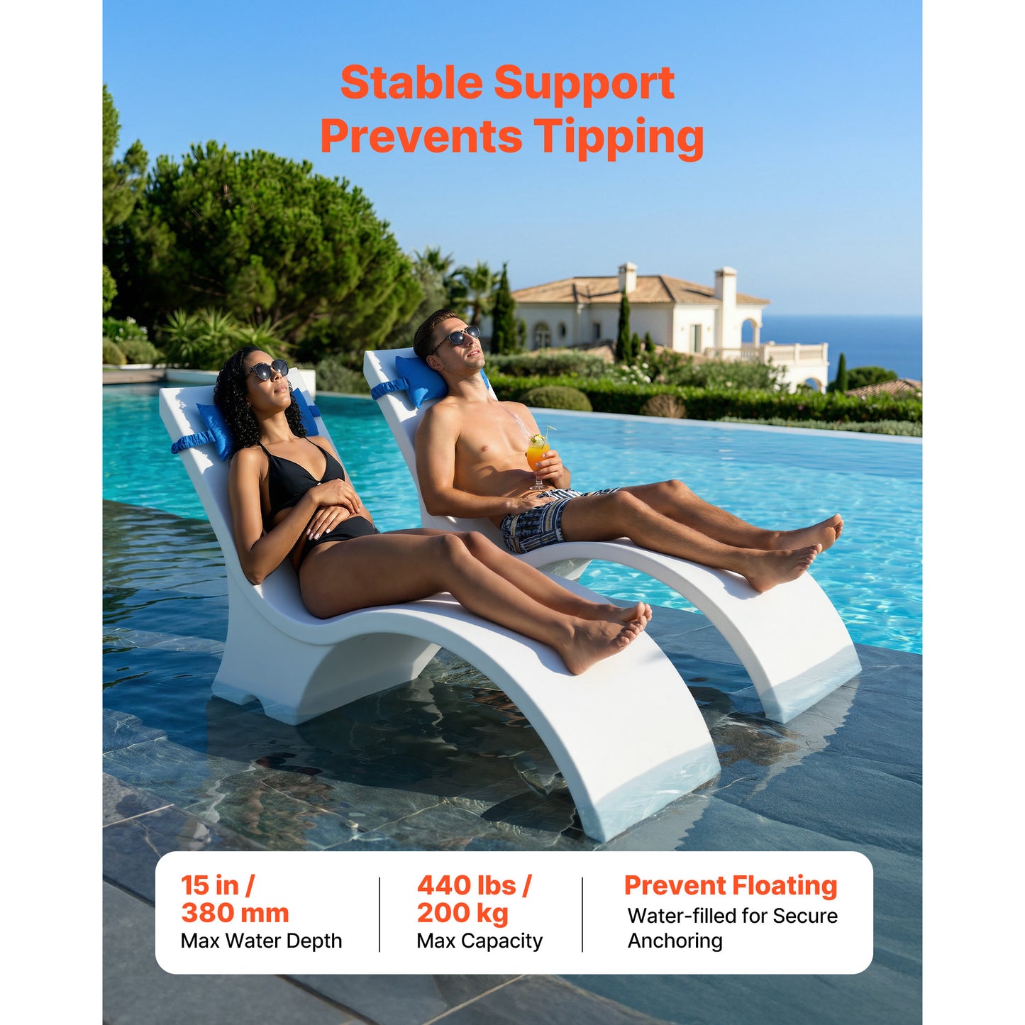 Pool Lounge Chairs 2-Pack In-Pool Chaise with Headrest, Anti-Float 440 lb. Lounger for 15 in. Sun Shelf