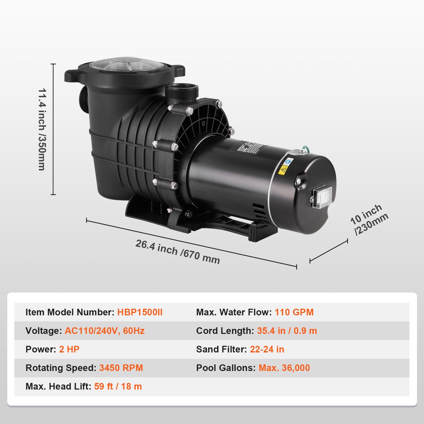 2 HP Above Ground Pool Pump 110 GPM Single Speed 110V 240V 3450 RPM 59 ft Max Head Filter Basket Hot Tub Spa