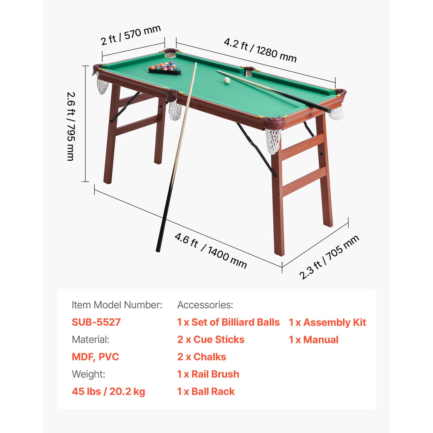 Folding Pool Table 4.5 ft., Portable Foldable Billiards Game Set with Ball, Cue, Rack, Chalk, Brush