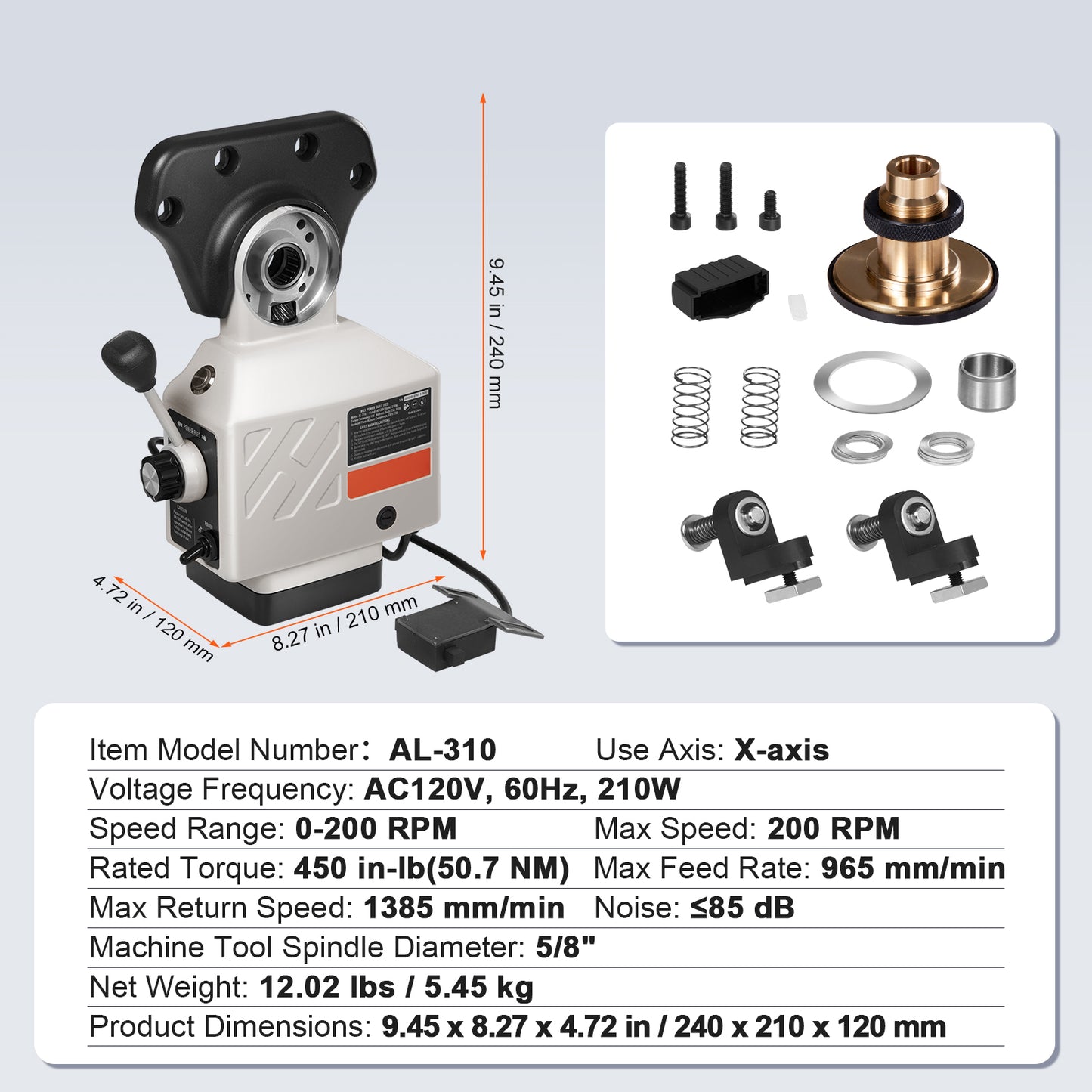 X-Axis Power Feed for Milling Machine, 450 in-lb Torque, 0-200RPM Adjustable Rotate Speed 120V Power Table Feed Mill Feeder, for Bridgeport Some Knee Type Mills with a 5/8in End Shaft Diameter