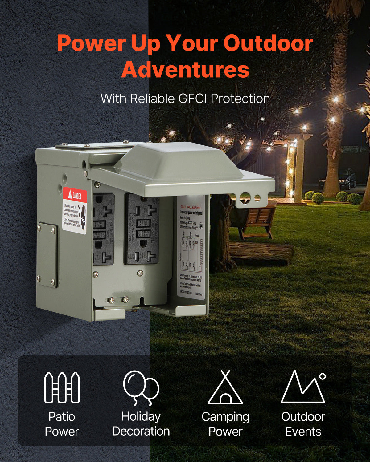 Outdoor Electrical Outlet Box with Dual 20 Amp GFCI Receptacles, IP54 Weatherproof, for Patio and Decor Use
