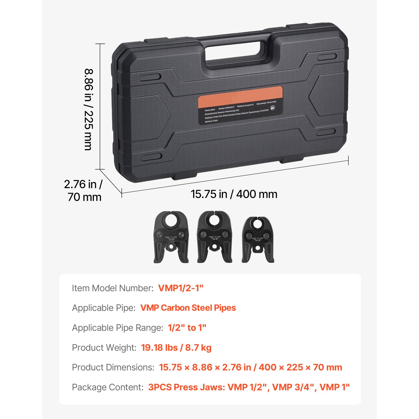 VMP Press Jaws, 3PCS Pressing Jaws 1/2in, 3/4in  1in - Compatible with Megapress Carbon Steel Pipes, Work with 32KN Standard Press Tools, Includes Carrying Case
