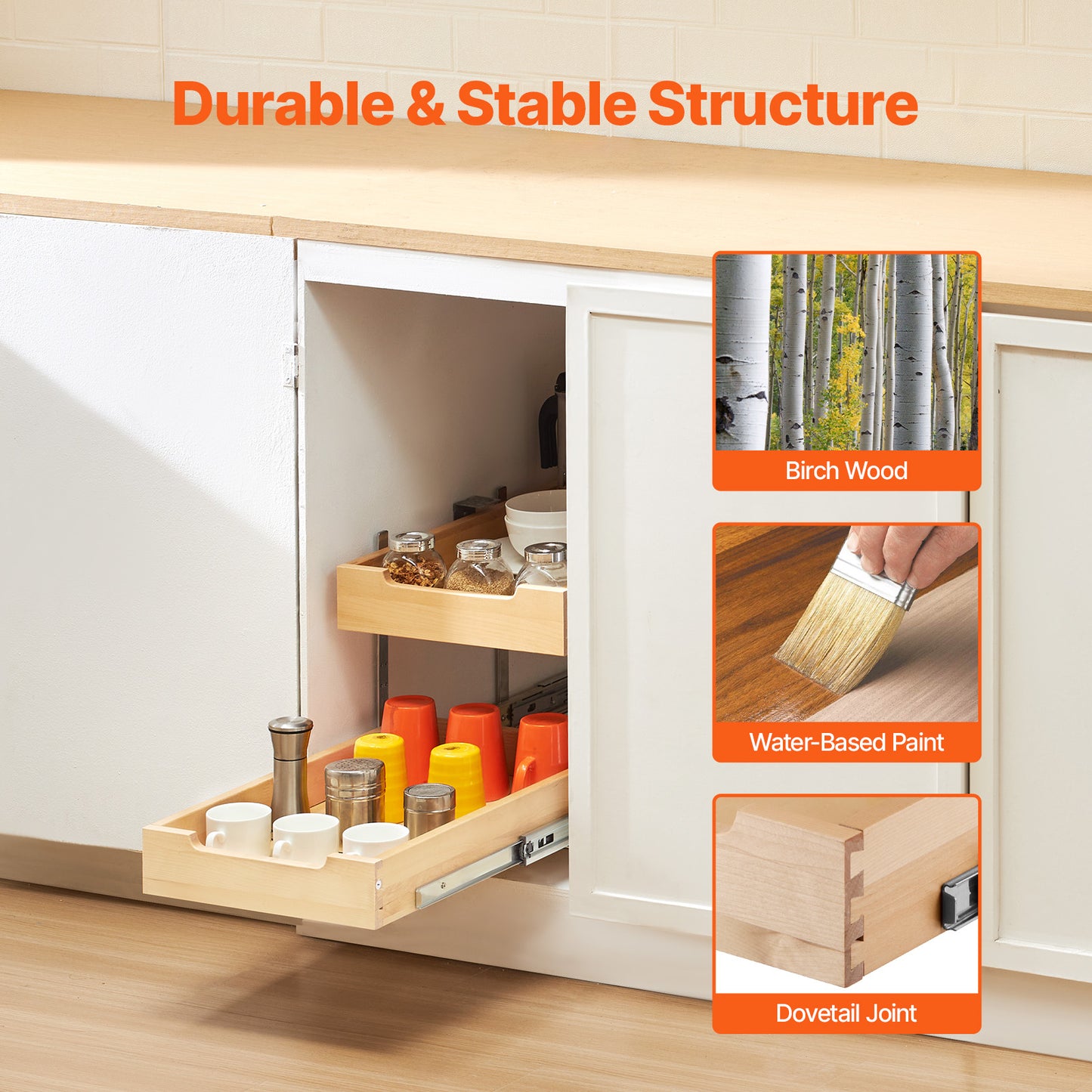 Pull Out Cabinet Organizer, 14 x 21 in. 2-Tier Slide Out Drawer, Soft-Close Birch Wood Shelf for Narrow Cabinet