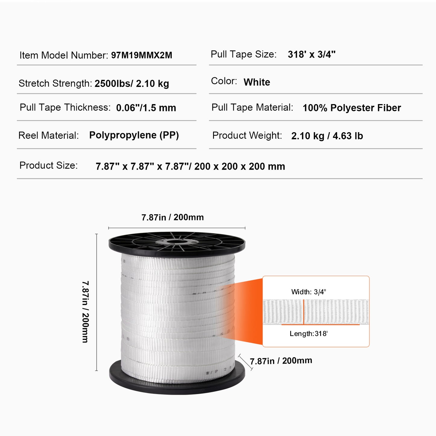 Polyester Pull Tape, 3/4in x 318ft Mule Tape Flat Rope, 2500 lbf Tensile Capacity, Printed Webbing Cable Pulling Tape for Packaging, Gardening, Commercial Electrical, Conduit Work, White