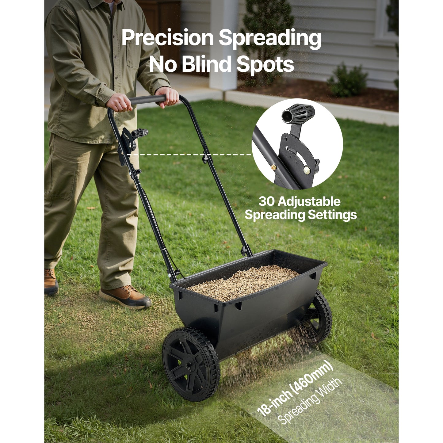 Walk-Behind Drop Spreader, 50 lb. Capacity, 18 in. Spread Width, 10 in. Pneumatic Tires for Seed Fertilizer Salt