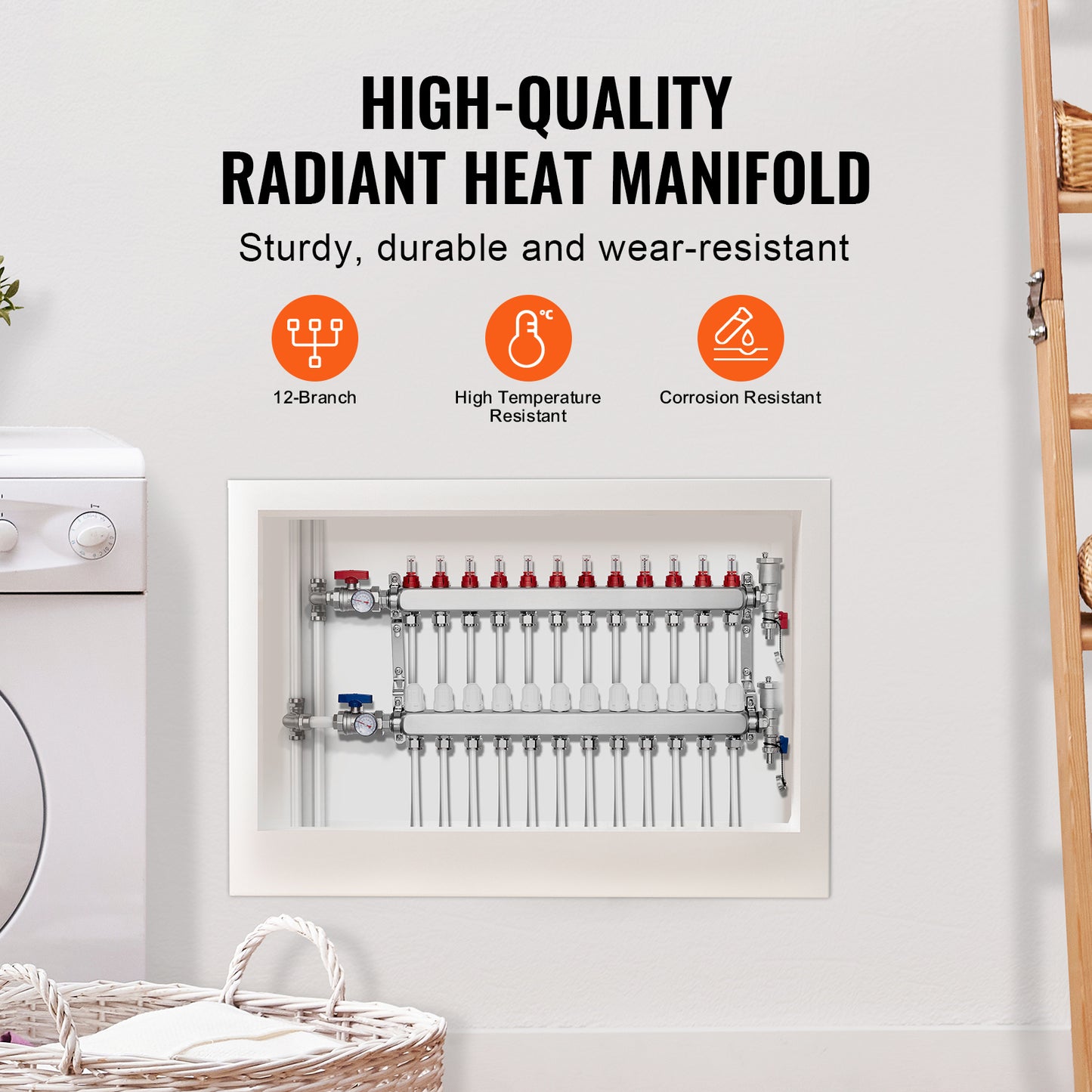 12-Branch Stainless Steel PEX Manifold 1/2 in. for Hydronic Radiant Floor Heating with Valves