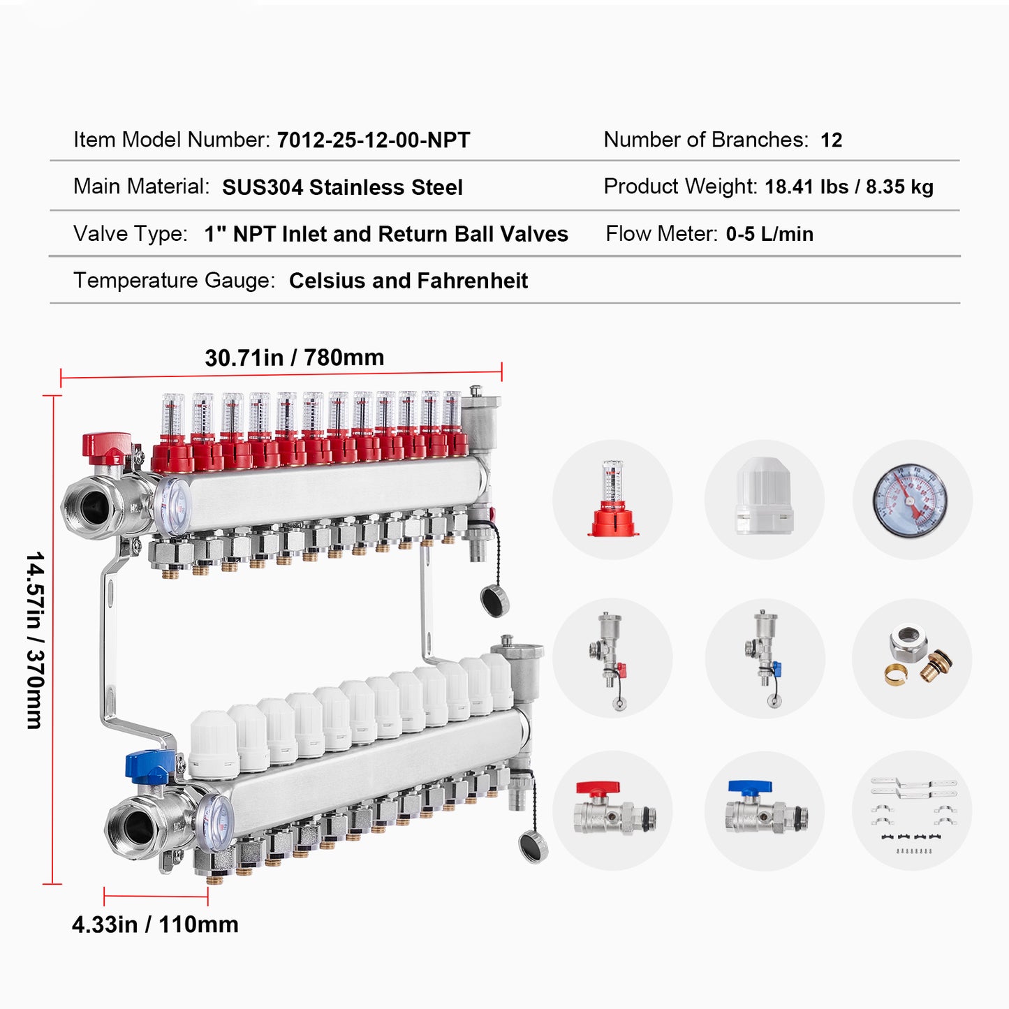 12-Branch Stainless Steel PEX Manifold 1/2 in. for Hydronic Radiant Floor Heating with Valves