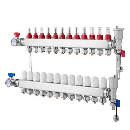 12-Branch Stainless Steel PEX Manifold 1/2 in. for Hydronic Radiant Floor Heating with Valves