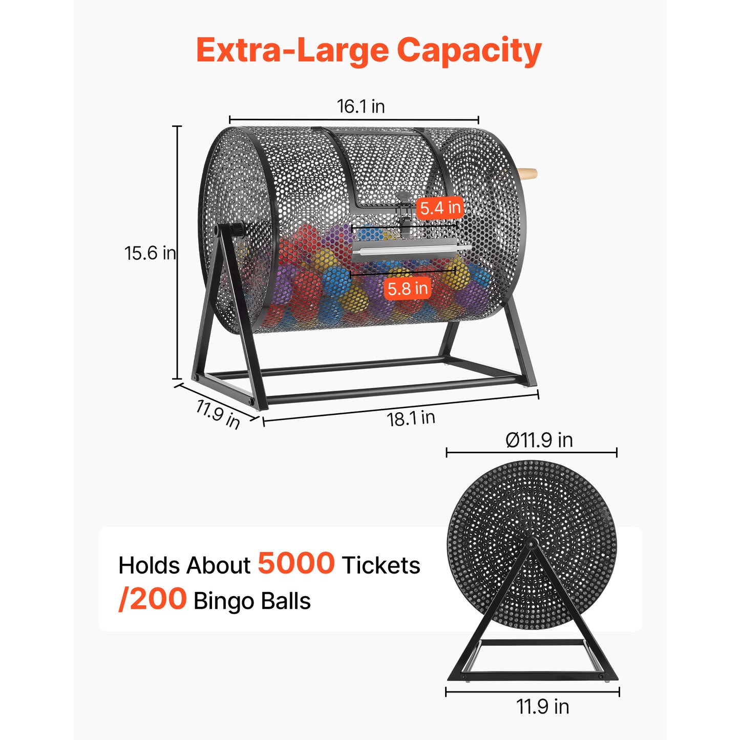 Raffle Ticket Spinner 16.1 x 11.9 in. Black, Lottery Drum for 5000 Tickets or 200 Balls