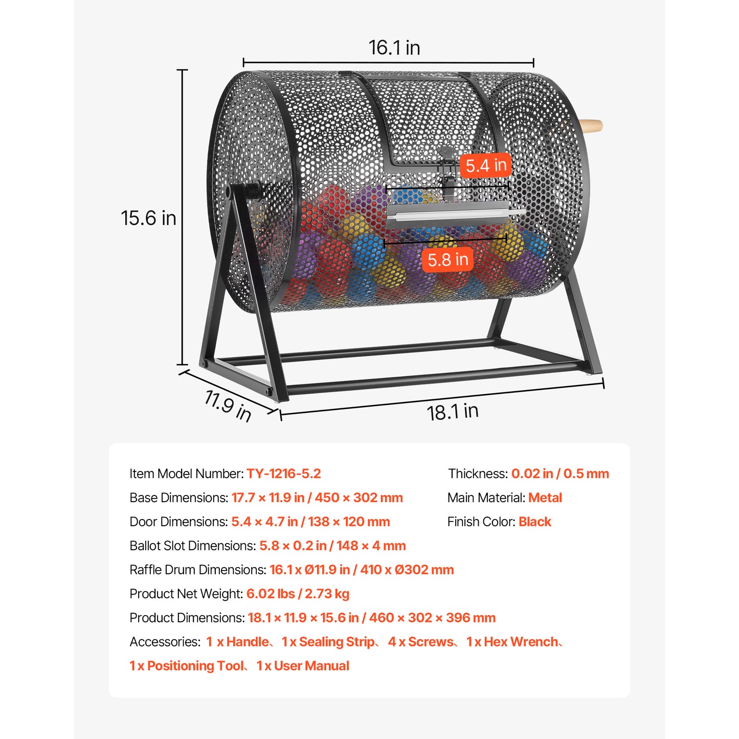 Raffle Ticket Spinner 16.1 x 11.9 in. Black, Lottery Drum for 5000 Tickets or 200 Balls