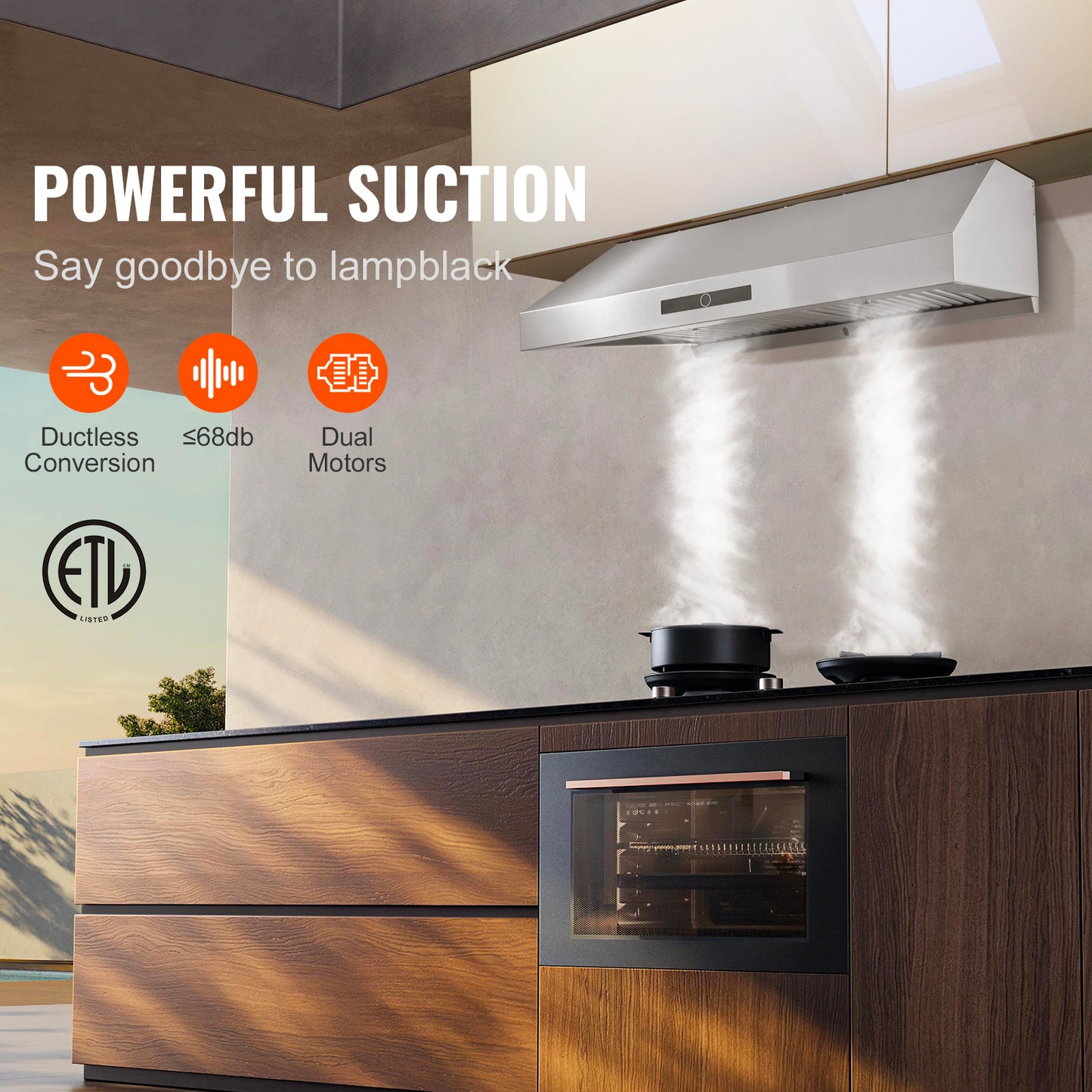 Under Cabinet Range Hood Dual Motor Ductless Kitchen Stove Vent, Stainless, 3-Speed, Baffle Filter, ETL Listed
