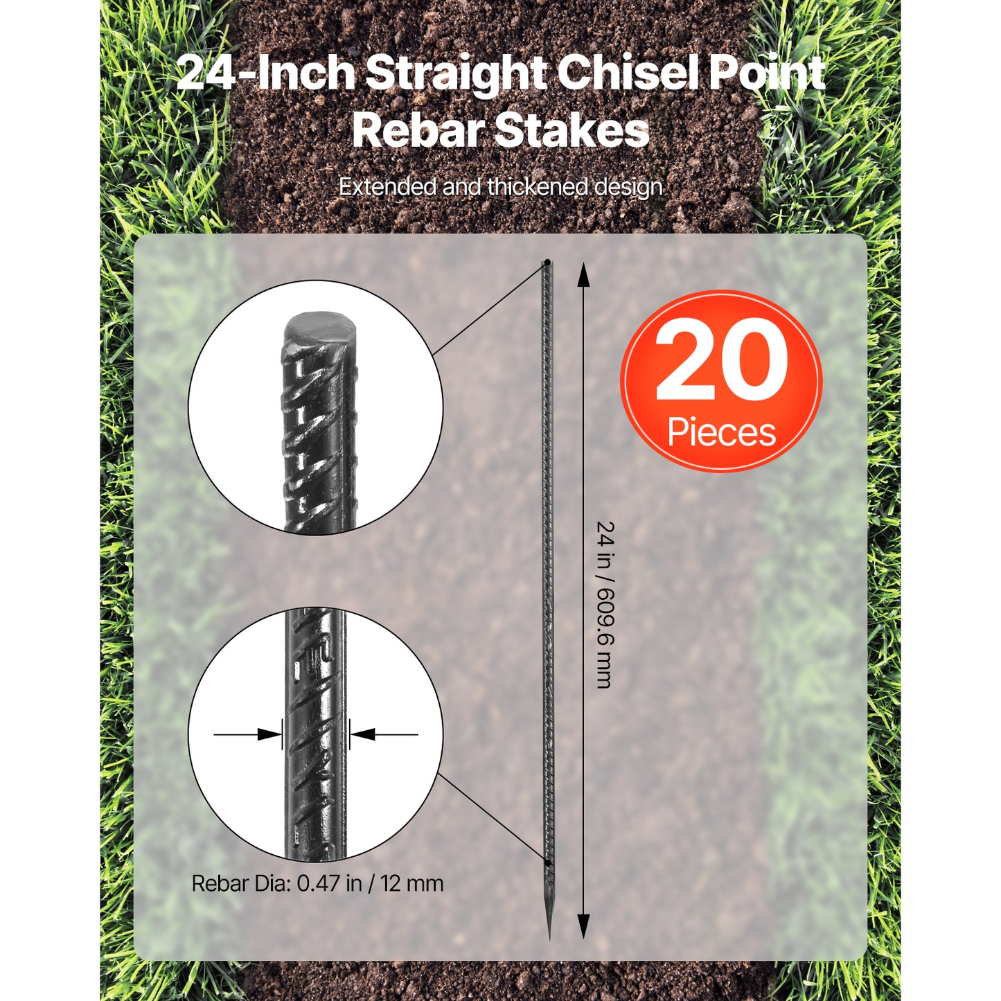 Rebar Stakes, 24-Inch, Heavy-Duty 0.47 in Diameter, Straight Galvanized Steel Ground Anchors with Chisel Point End  Rust-Resistant Coating, for Gardening Support, Fence, Camping Tents (20-Pack)