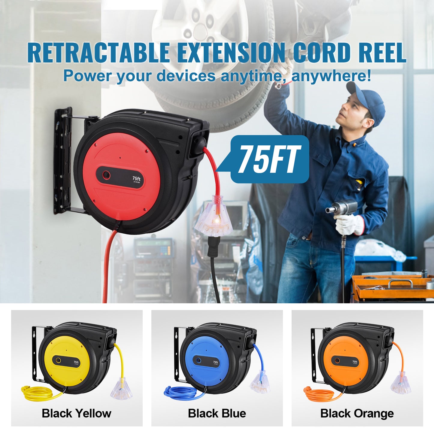 75 ft Retractable Extension Cord Reel, 14AWG/3C SJTOW with Triple Outlet, 13A Breaker