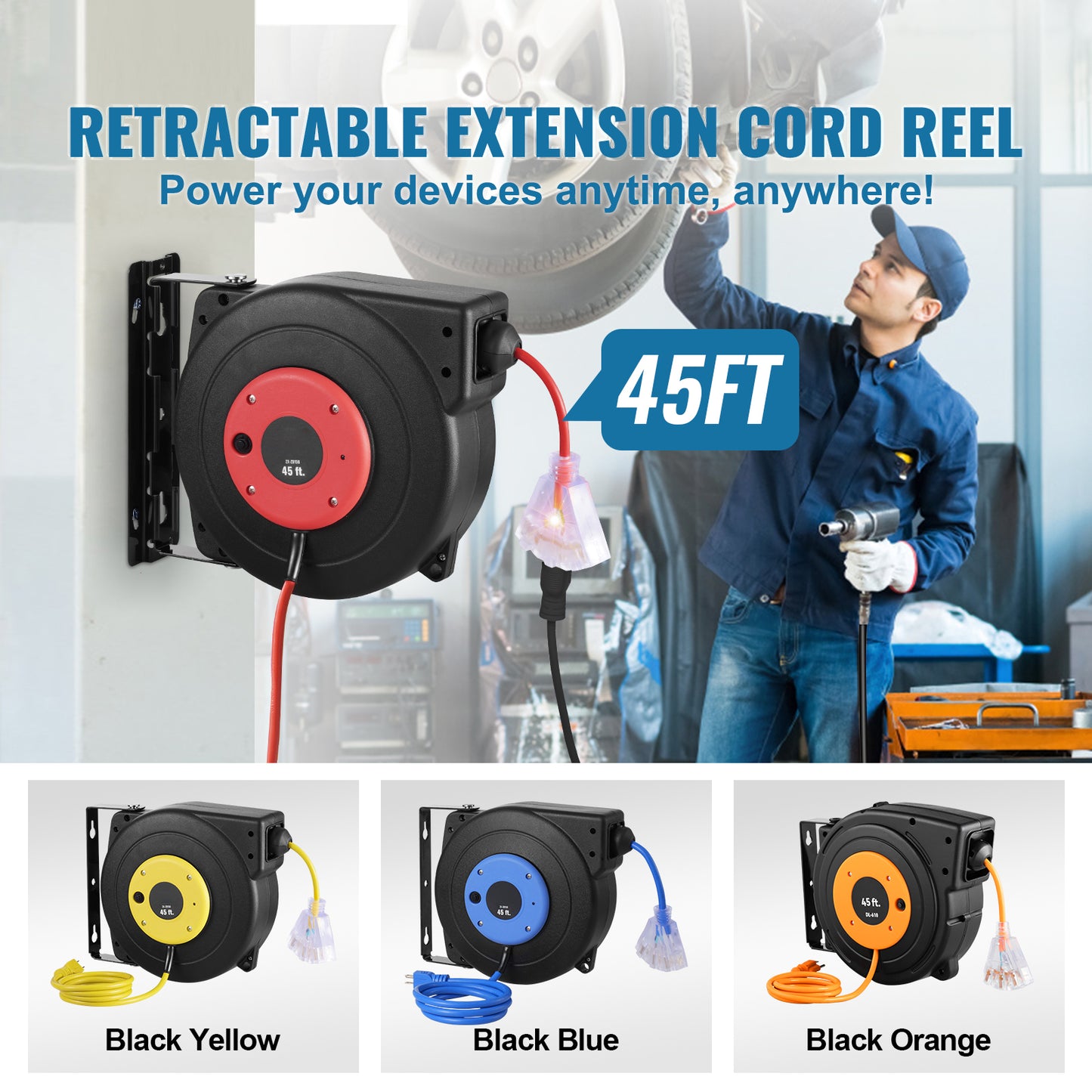 45 ft. 125 V, 12 / 3 15 Amp Retractable Extension Cord Reel with Red, 12AWG/3C SJTOW with Triple Outlet, 15A Breaker