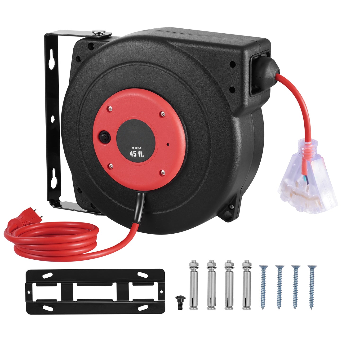 45 ft. 125 V, 12 / 3 15 Amp Retractable Extension Cord Reel with Red, 12AWG/3C SJTOW with Triple Outlet, 15A Breaker