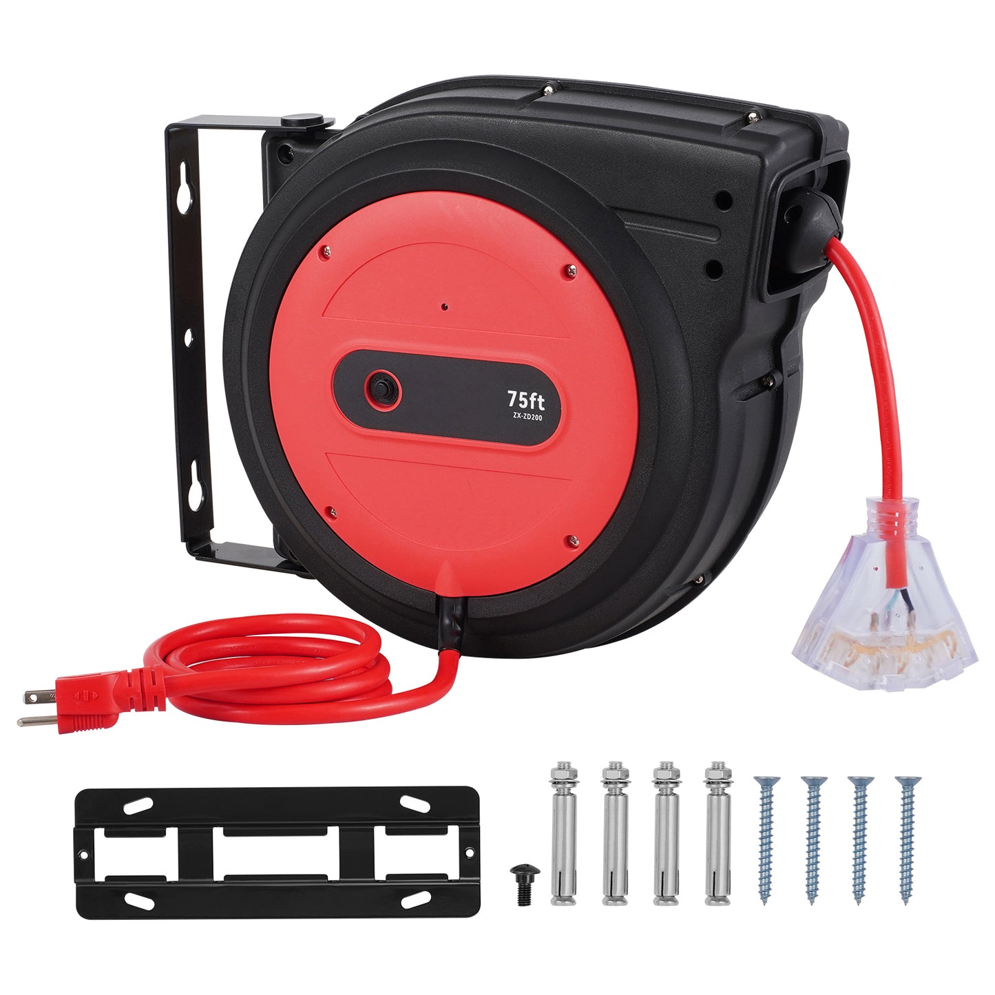 75 ft Retractable Extension Cord Reel, 14AWG/3C SJTOW with Triple Outlet, 13A Breaker