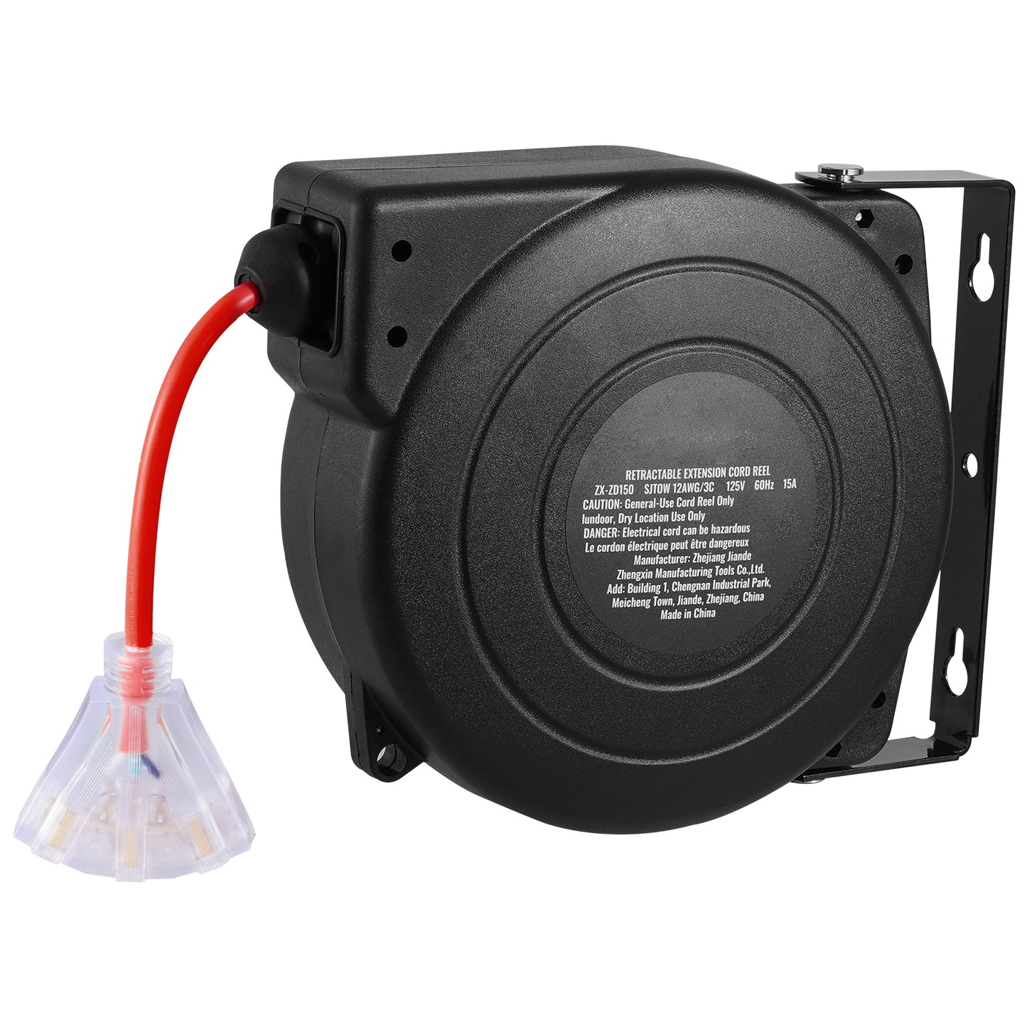 45 ft. 125 V, 12 / 3 15 Amp Retractable Extension Cord Reel with Red, 12AWG/3C SJTOW with Triple Outlet, 15A Breaker