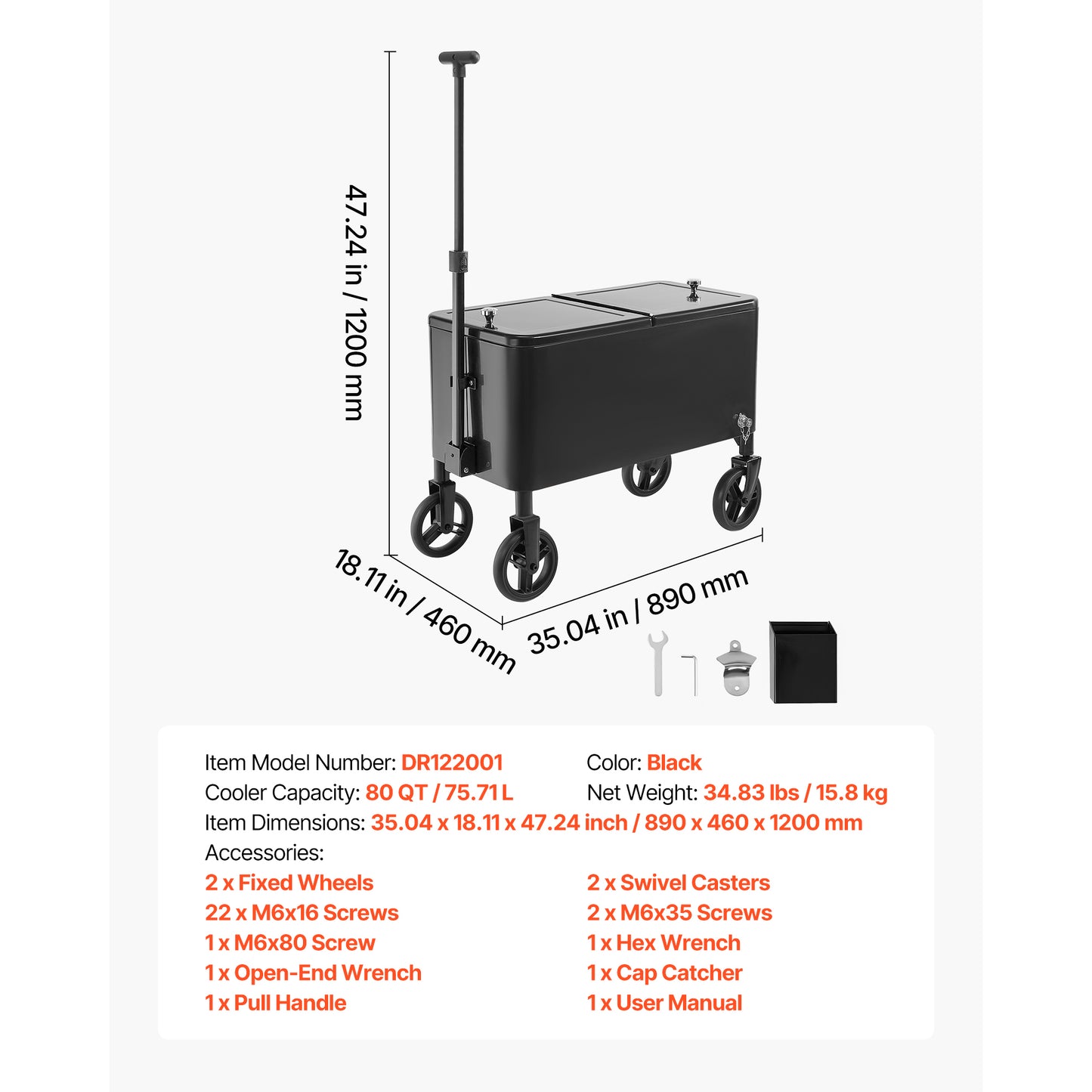 80 qt. Rolling Ice Chest Cart with Telescopic Handle, Portable Patio Cooler on Wheels, Holds 110 Cans