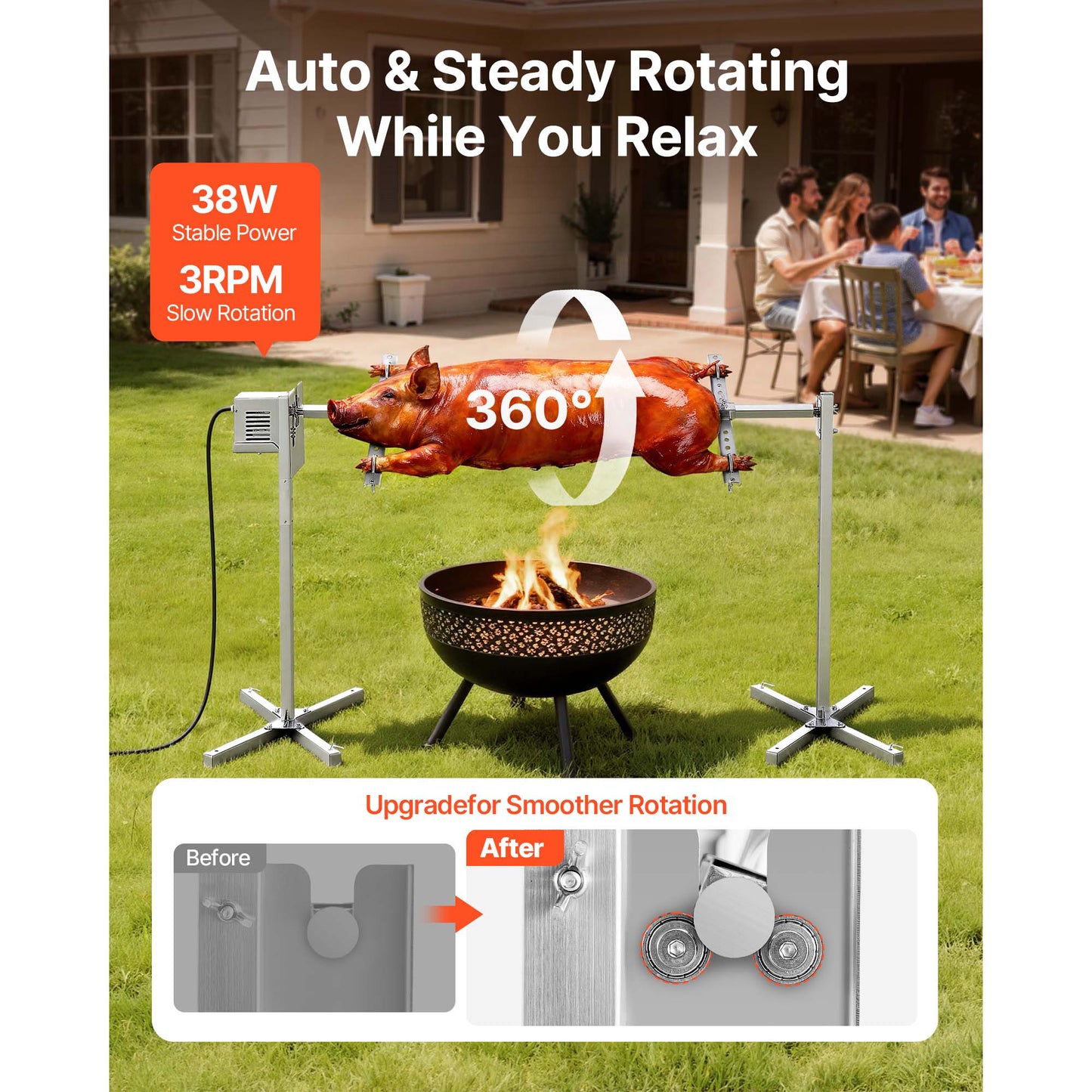 Electric Rotisserie Grill Kit 8-Level Height AC120V, 88 lb. Load Capacity BBQ Spit Roaster for Outdoor Cooking