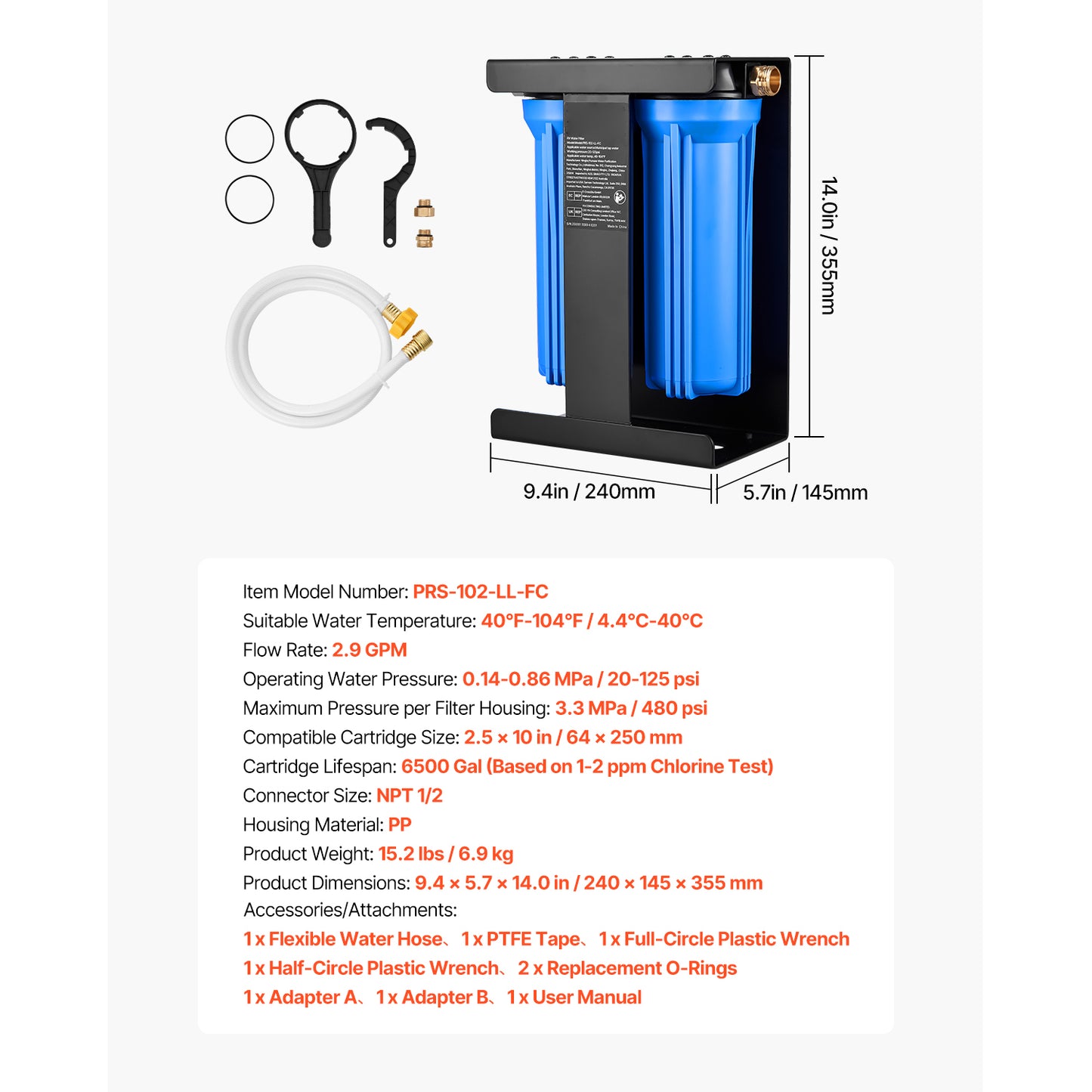 RV Water Filtration System, 2-Cartridge Water Filter System for Campers, Remove Chlorine, Bad Tastes, Odors, and Most Contaminants, RV Filter with Bracket for RVs, Boats, Vans