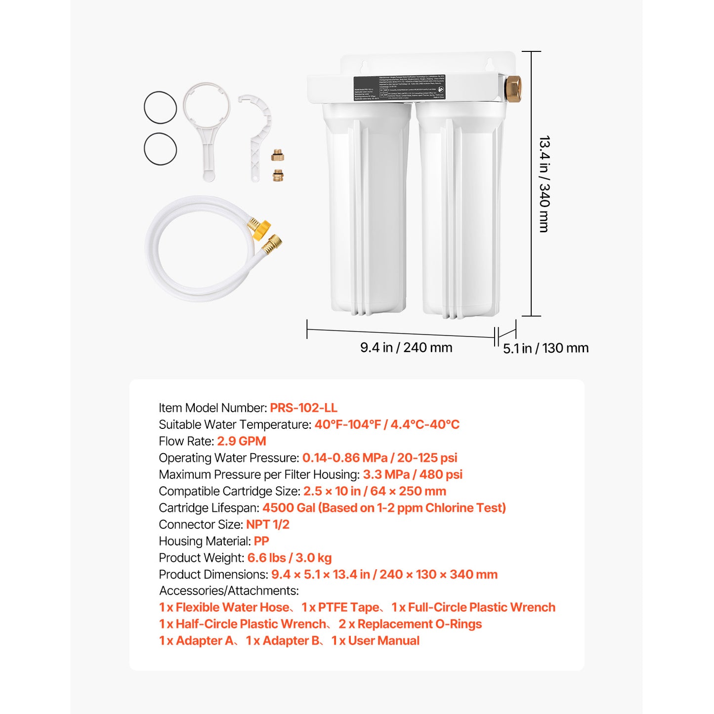 RV Water Filtration System, 2-Cartridge Water Filter System for Campers, Remove Sediments, Chlorine, Bad Tastes, Odors, and Most Contaminants, RV Filter for RVs, Boats, Vans