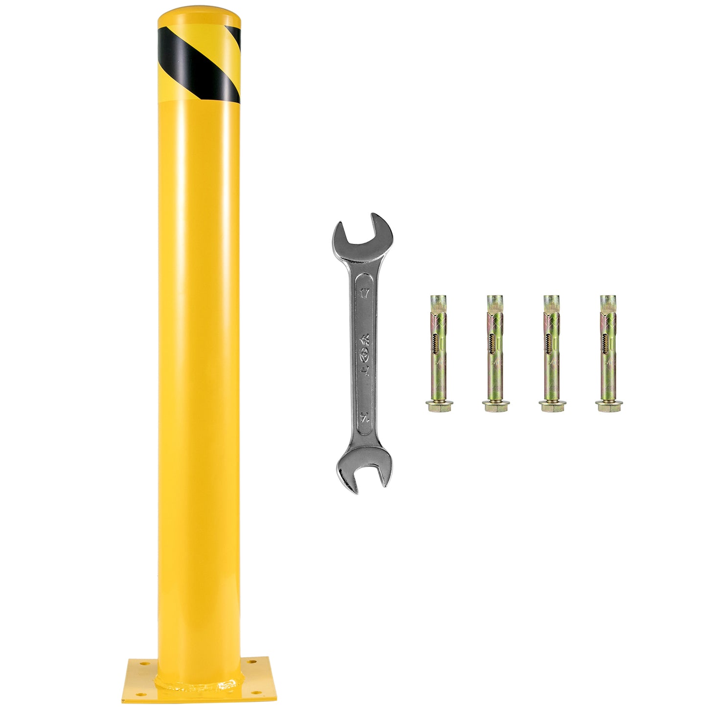 Safety Bollard, 48 Inch Height Bollard Post, 4.5 Inch Diameter Steel Pipe Safety Bollard Post, Yellow Steel Bollard, Steel Safety Bollard with 8 Anchor Bolts, Perfect for Traffic-Sensitive Area
