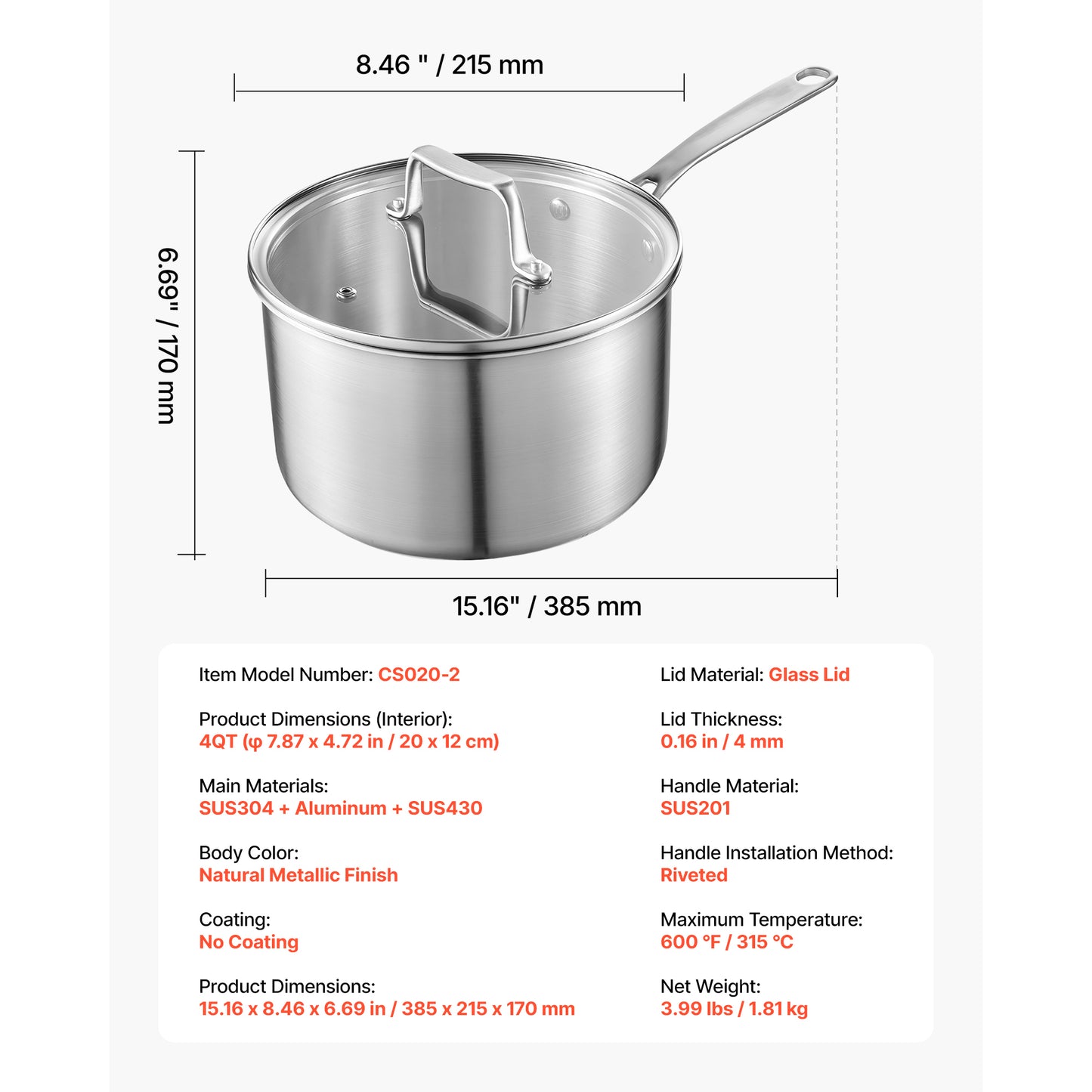 4 Qt. Stainless Steel Saucepan with Glass Lid, Tri-Ply Sauce Pot for Induction Gas Electric, Riveted Handle, Oven Safe