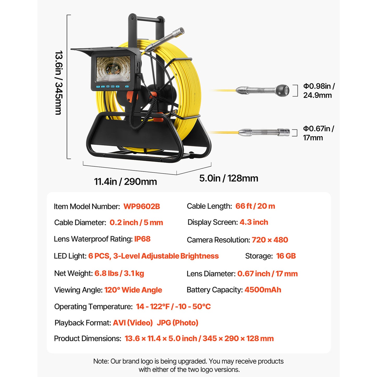 Sewer Camera, 66 ft/20m, 4.3in Drain Inspection Camera, IP68 Waterproof Snake Plumbing Camera with Lights - 6 Adjustable LEDs, 4500mAh Battery  16GB Card for Sewer Line Duct Pipes