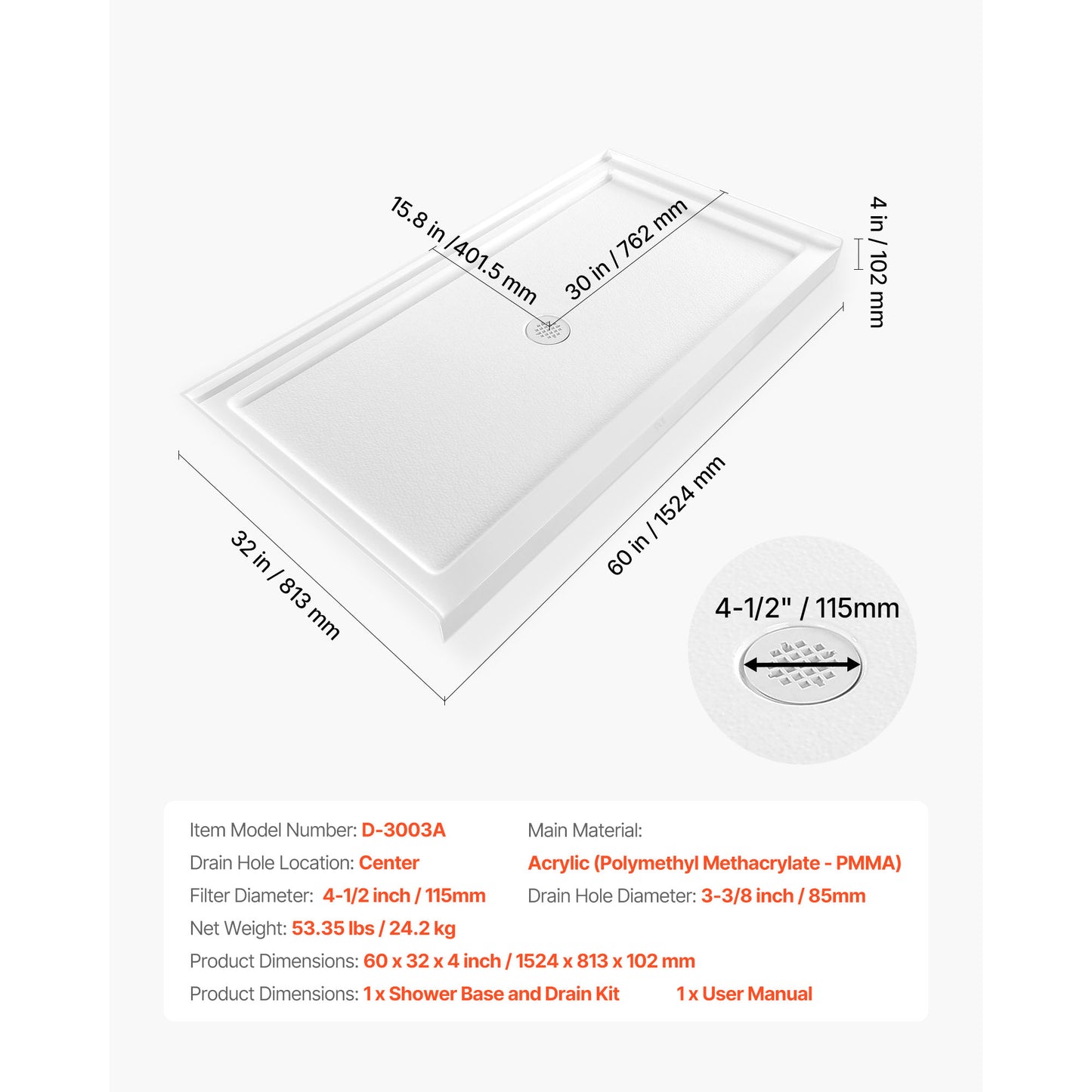 60 in. x 32 in. Single Threshold Shower Pan, Rectangle Acrylic Shower Base with Center Drain, Slip-Resistant White