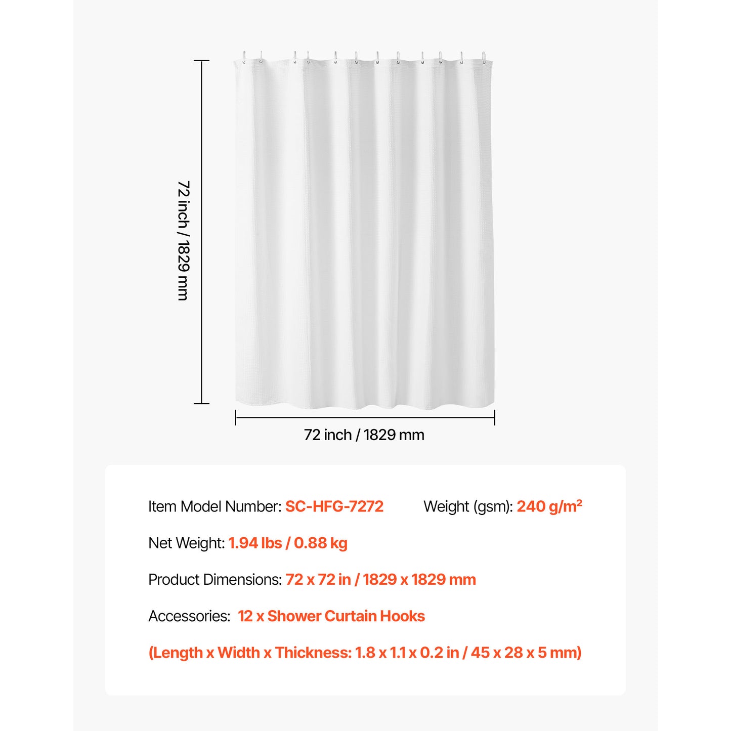 White Fabric Shower Curtain, 240 GSM Waffle Weave Polyester Curtain, Machine Washable, 72 x 72 in.