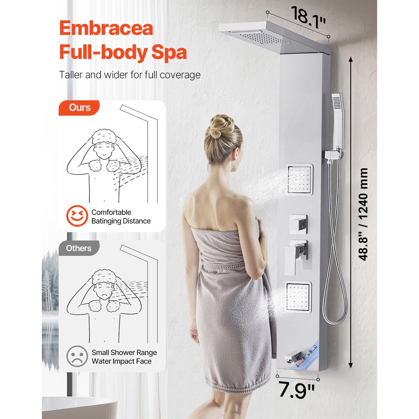 53 in. Shower Panel Tower System, 5-Function Rainfall Waterfall Column with 2 Body Jets, Handheld, Tub Spout