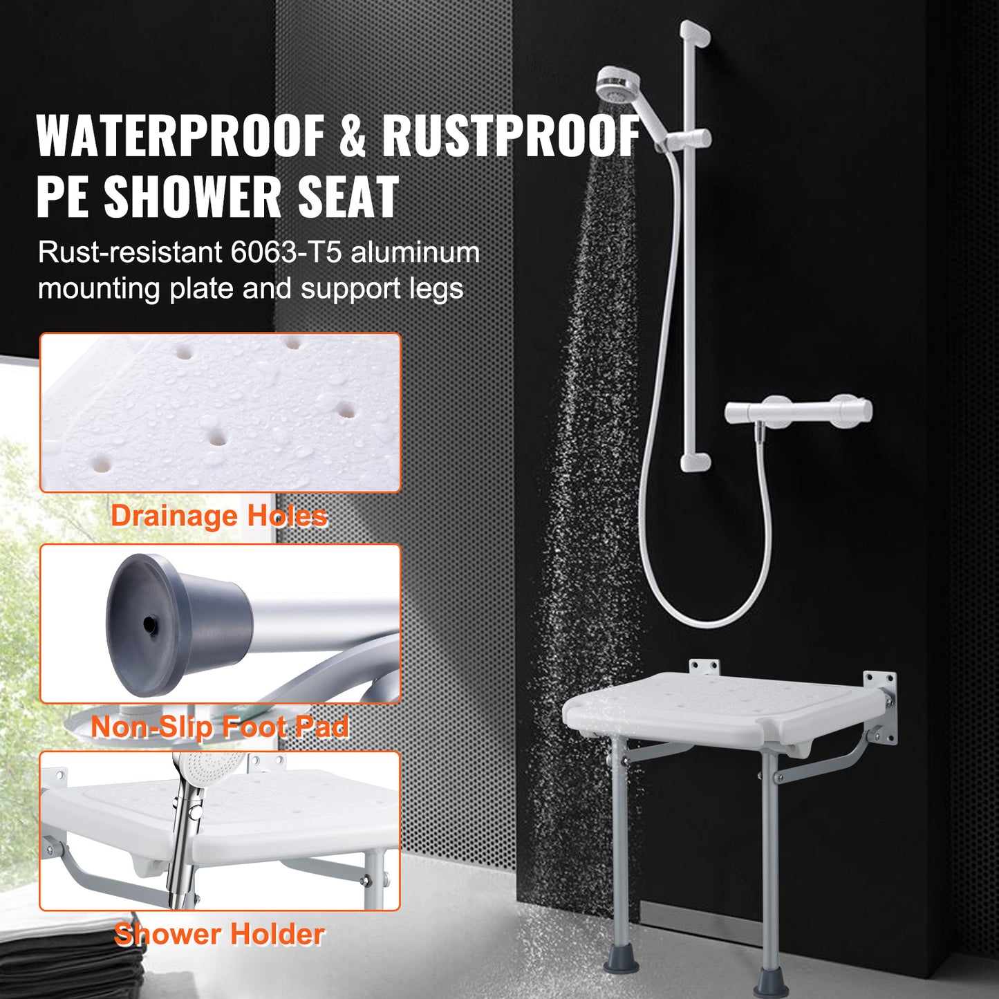 Folding Shower Seat Wall Mounted, 15.7 x 14.8 in. PE Fold Up Shower Bench, 500 lb. Capacity, Fold Down Shower Chair