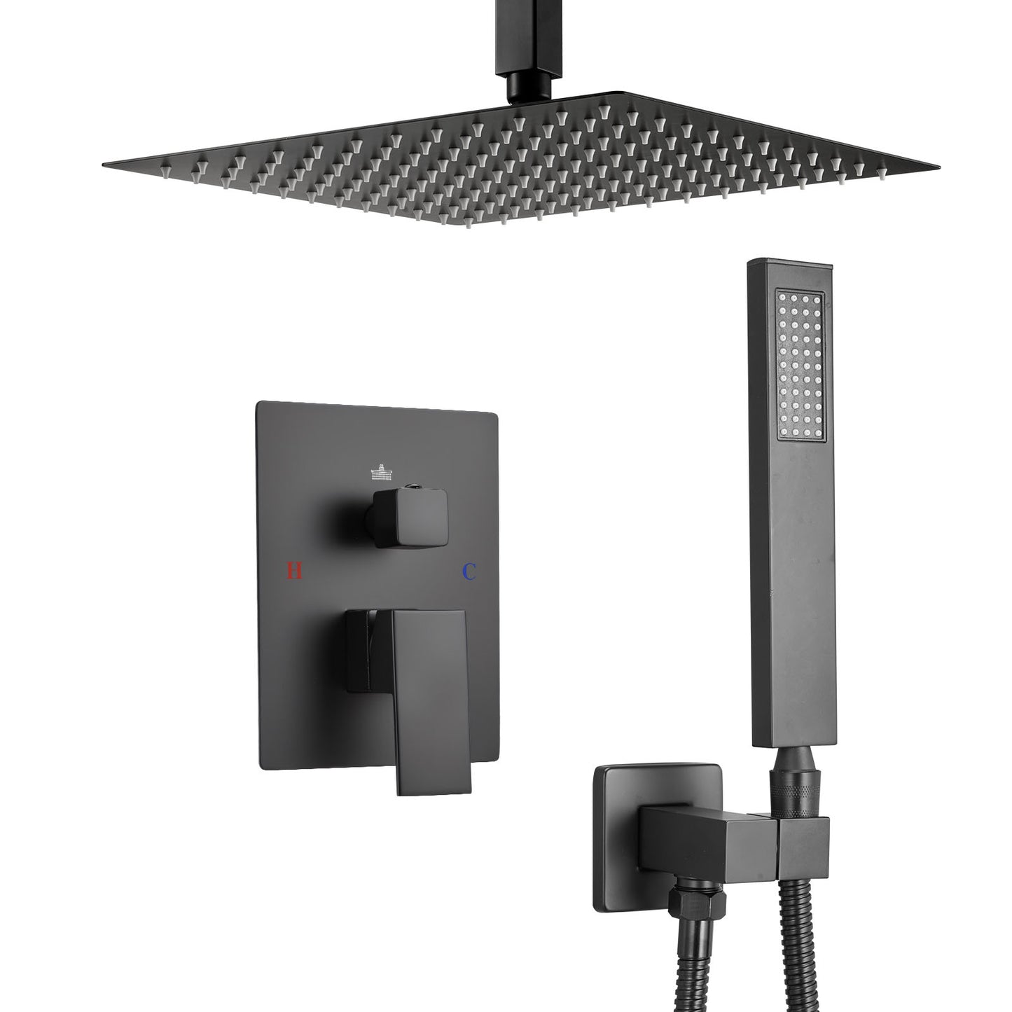 Shower Faucet Set 12 in. Square Rain Shower System, Ceiling Mount with Handheld Spray and Brass Valve, Matte Black