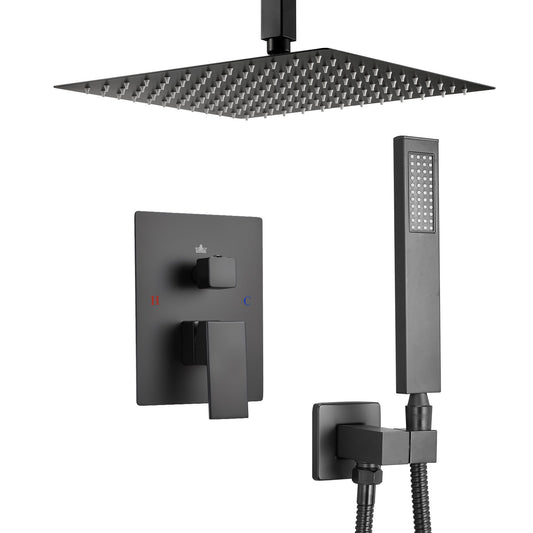 Shower Faucet Set 12 in. Square Rain Shower System, Ceiling Mount with Handheld Spray and Brass Valve, Matte Black