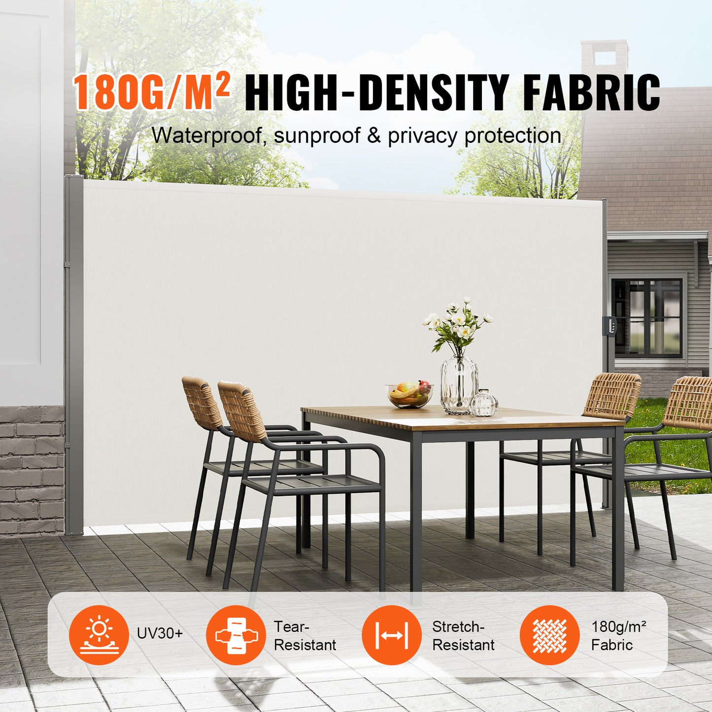 71 in. x 138 in. Retractable Side Awning, Patio Privacy Screen, UV 30+ Polyester Wind Screen, Beige