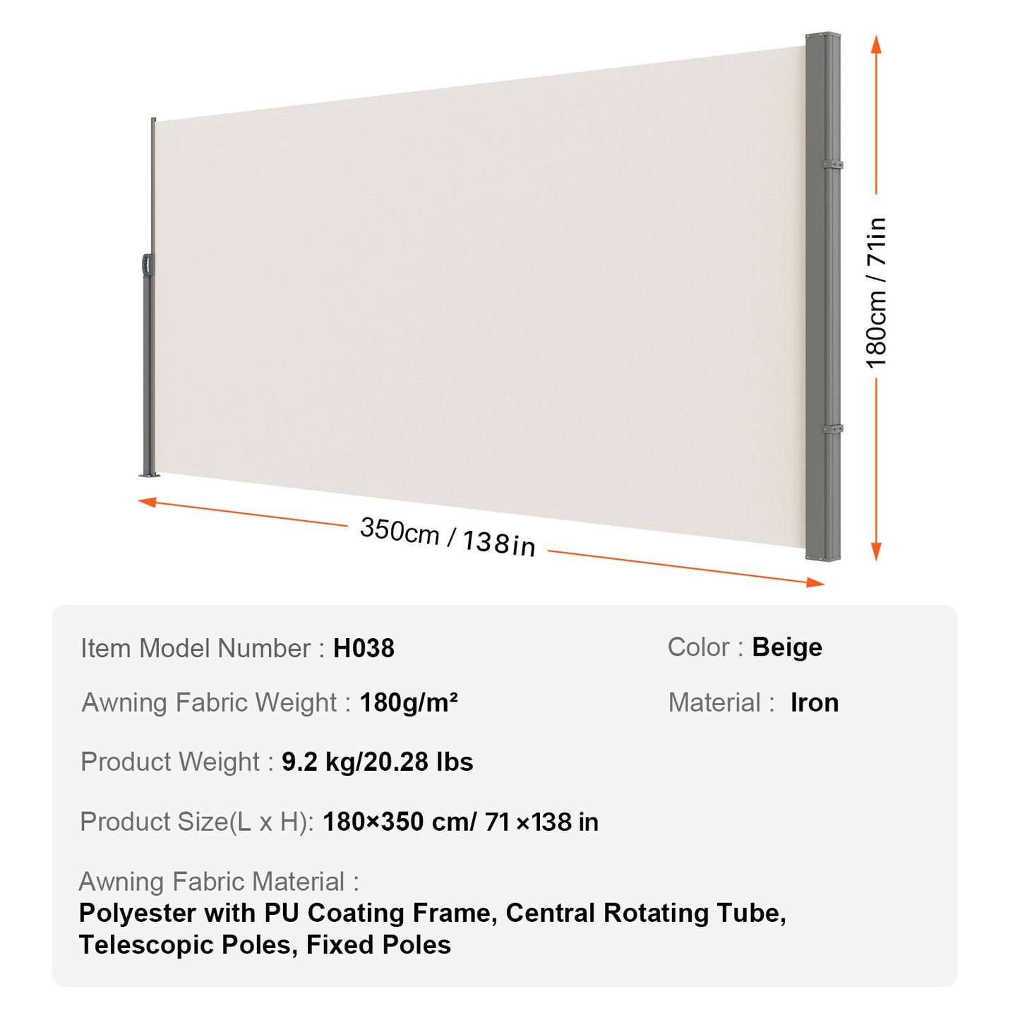 71 in. x 138 in. Retractable Side Awning, Patio Privacy Screen, UV 30+ Polyester Wind Screen, Beige