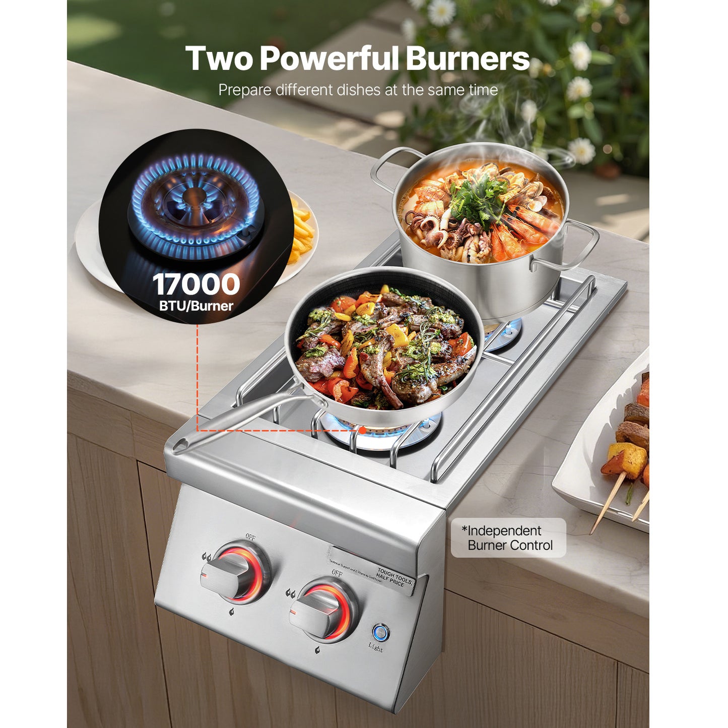 Double Side Burner, 2 x 17,000 BTU Propane / Natural Gas Convertible, 304 Stainless Steel with LED
