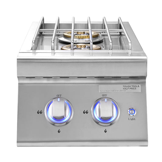 Double Side Burner, 2 x 17,000 BTU Propane / Natural Gas Convertible, 304 Stainless Steel with LED