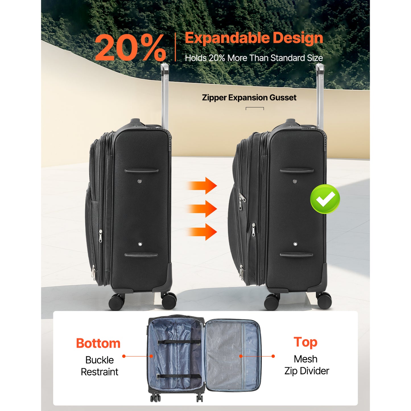 Softside Checked Luggage 24 in. Expandable Medium Suitcase with Spinner Wheels and TSA Lock, Black