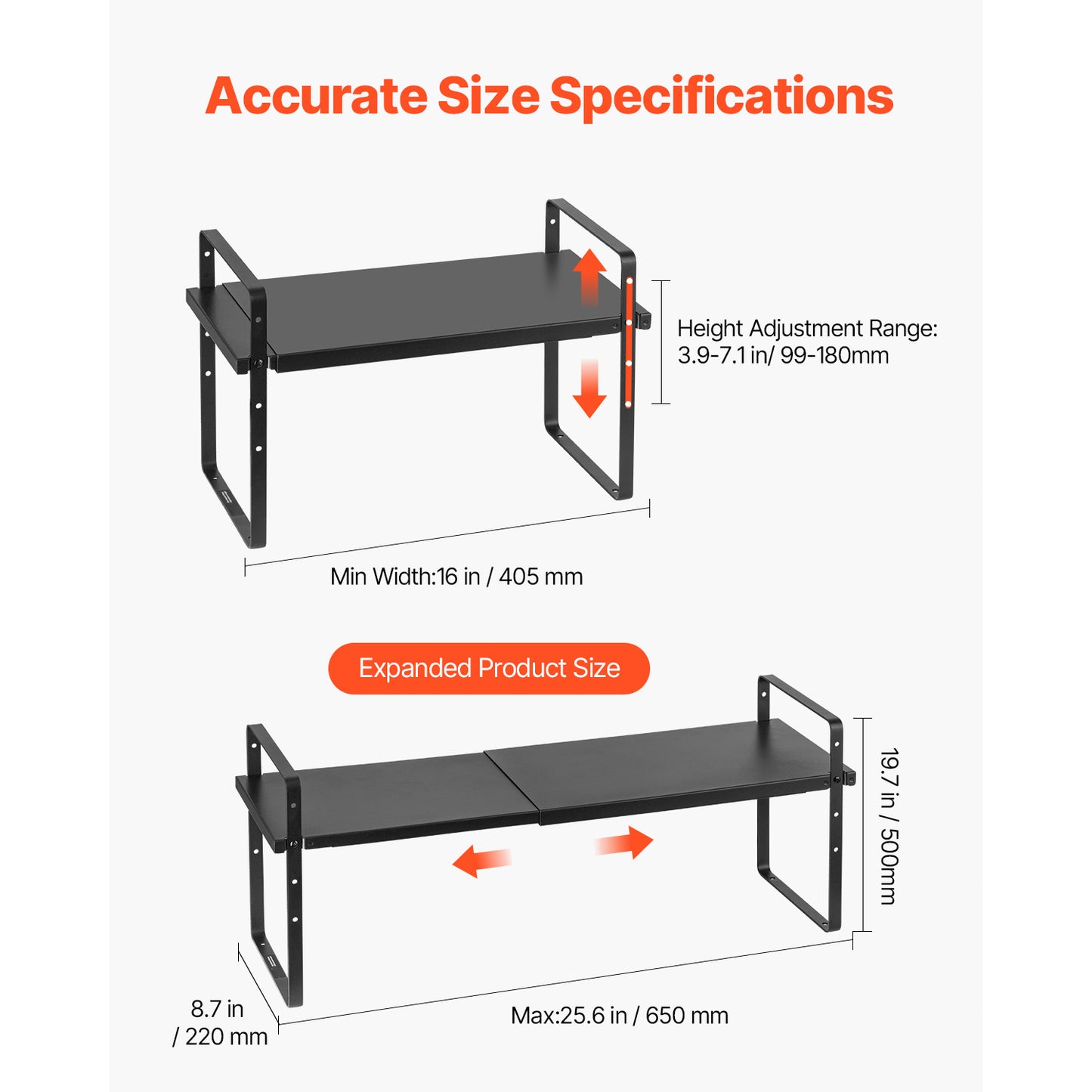 Cabinet Shelf Organizer, Expandable 2-Tier Stackable Counter Shelf Riser, 16 to 25.6 in. Pantry Rack, Black