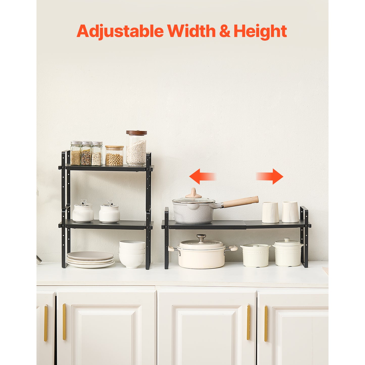 Cabinet Shelf Organizer, Expandable 2-Tier Stackable Counter Shelf Riser, 16 to 25.6 in. Pantry Rack, Black
