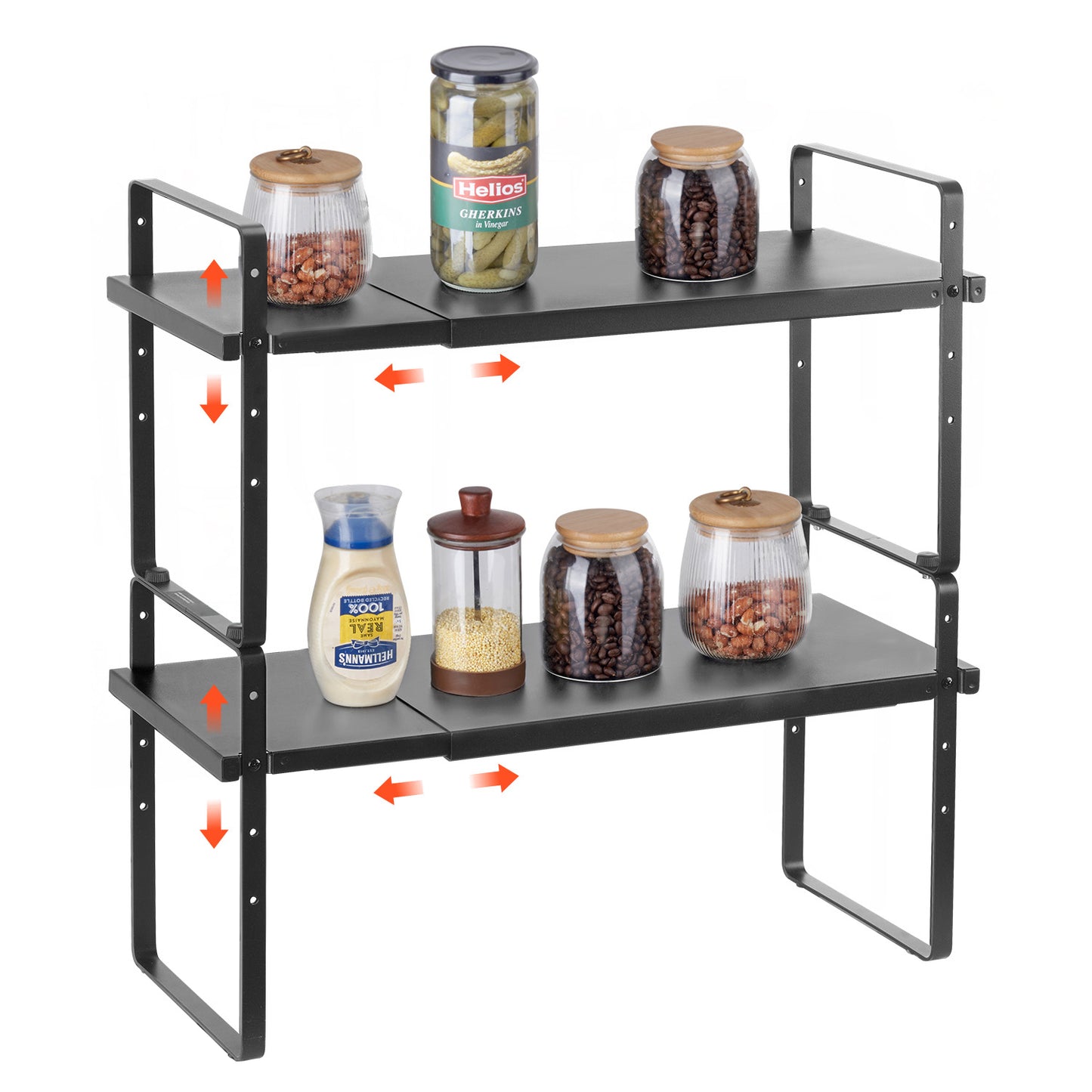 Cabinet Shelf Organizer, Expandable 2-Tier Stackable Counter Shelf Riser, 16 to 25.6 in. Pantry Rack, Black