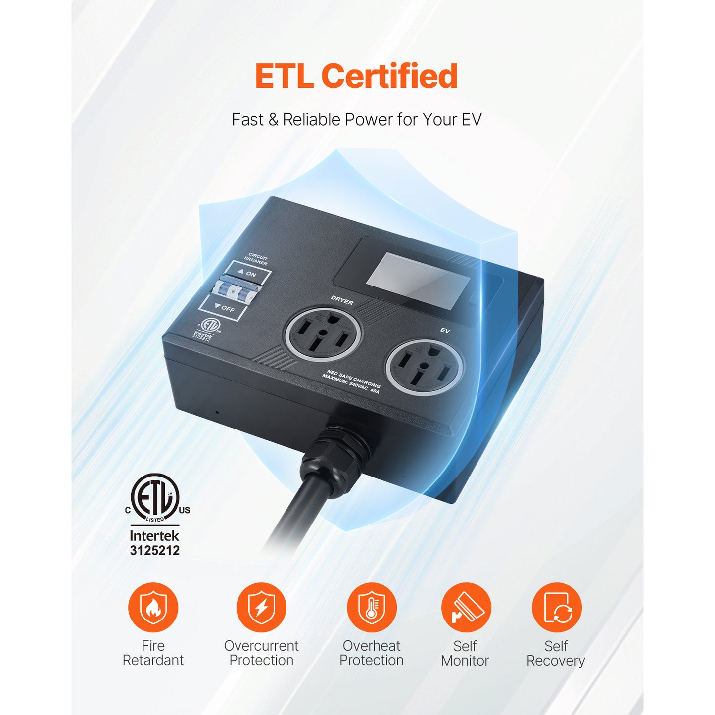NEMA 14-50 Dryer and EV Splitter 240V Smart Power Adapter with Dual Outlets and LCD Screen, Max 40 Amp