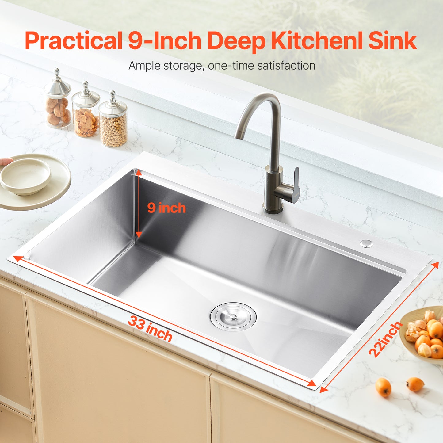 33 in. Kitchen Sink Workstation, 304 Stainless Steel Top Mount Single Bowl Basin with Ledge and Accessories for RV Bar