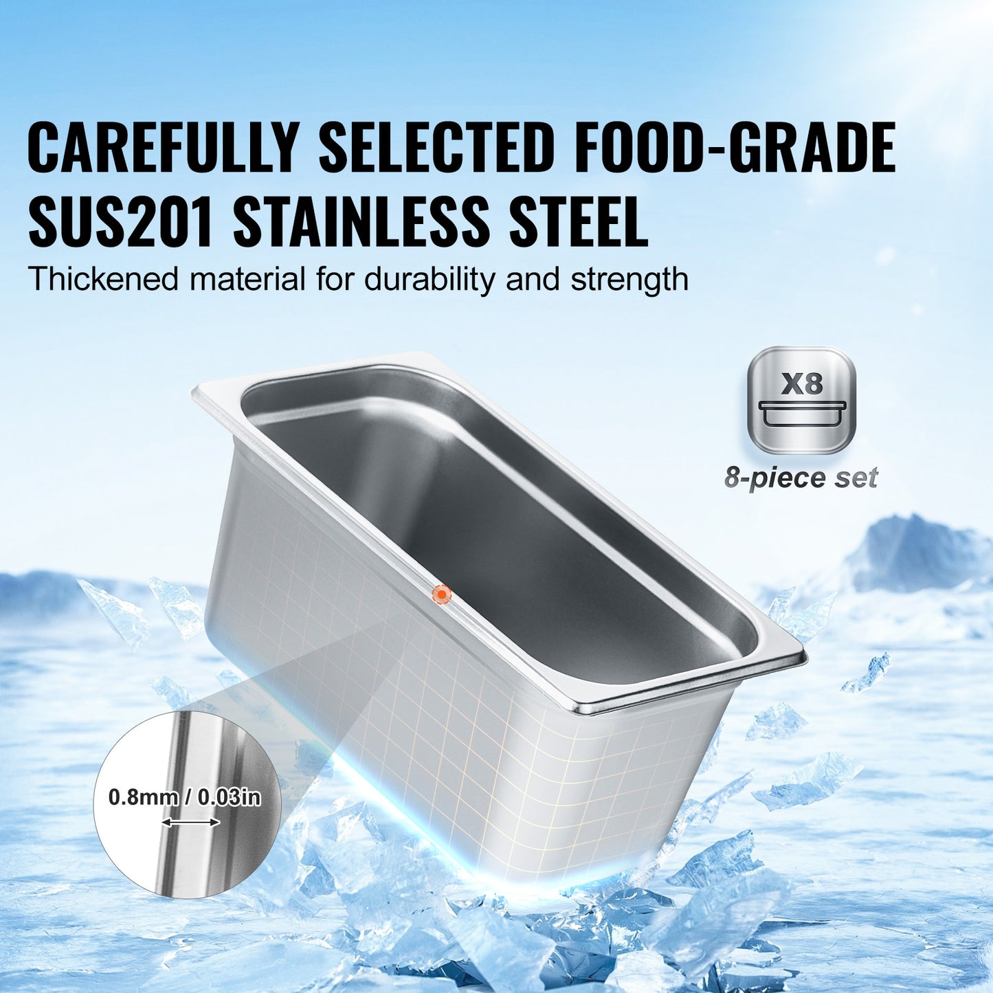 1/3 Size Steam Table Pans 8 Pack with Lids, 6 in. Deep Anti-Jam Hotel Pans, 0.8 mm Stainless Steel Food Pans