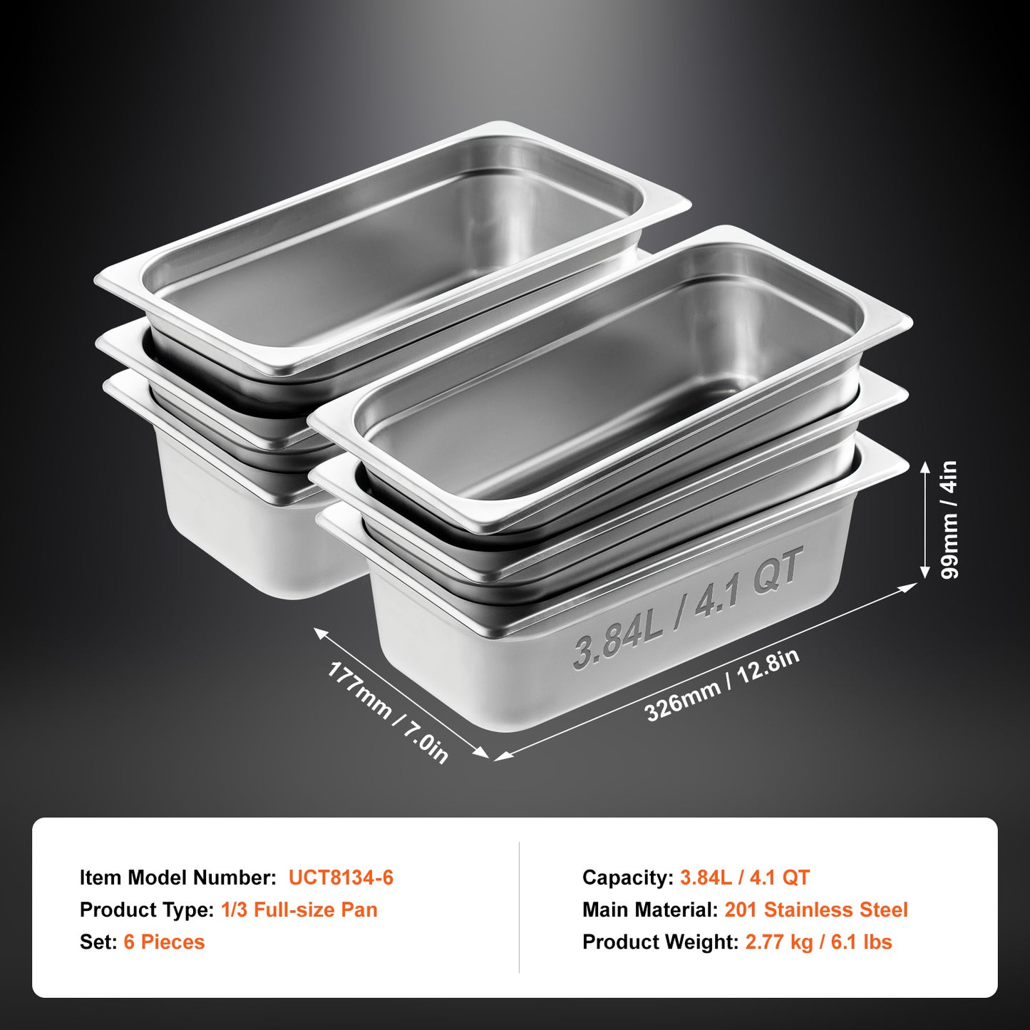 1/3 Size Steam Table Pans 6 Pack, 4 in. Deep Anti-Jam Commercial Hotel Pans, 0.8 mm Stainless Steel Food Pans