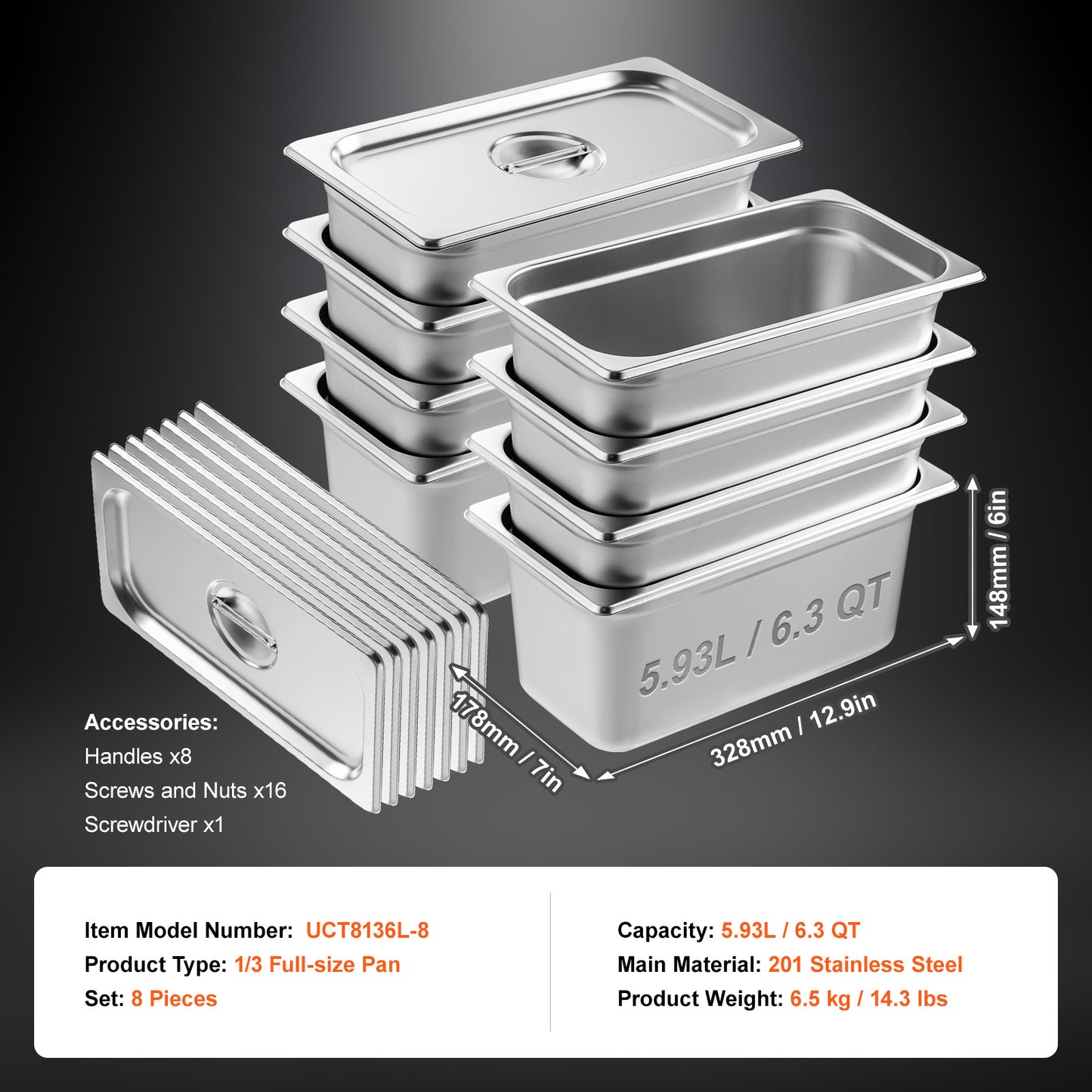 1/3 Size Steam Table Pans 8 Pack with Lids, 6 in. Deep Anti-Jam Hotel Pans, 0.8 mm Stainless Steel Food Pans